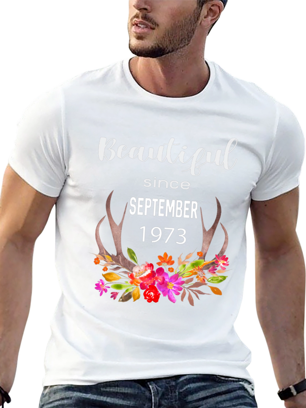 Beautiful Since September 1973 Floral Antler T-Shirt
