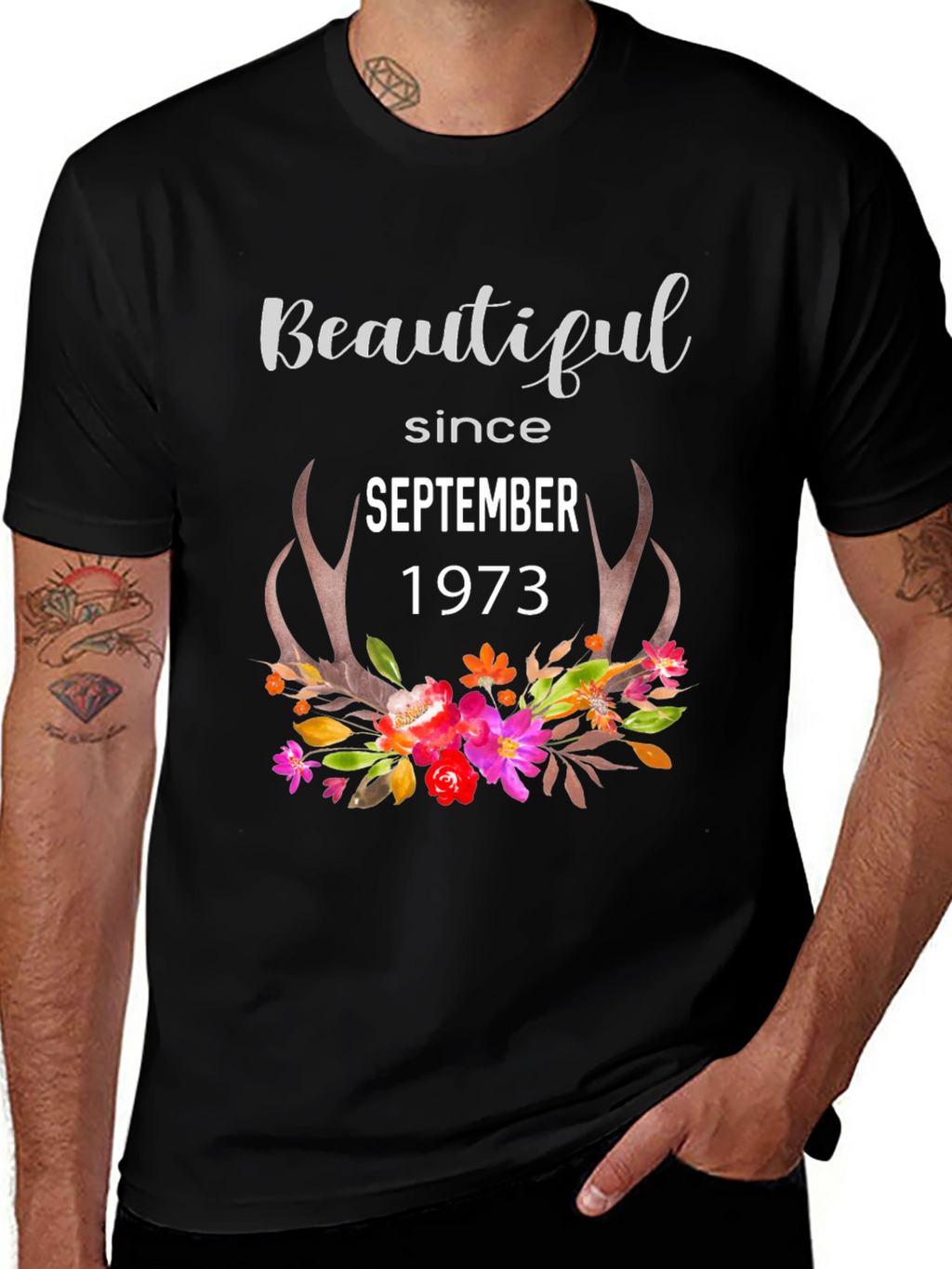 Beautiful Since September 1973 Floral Antler T-Shirt