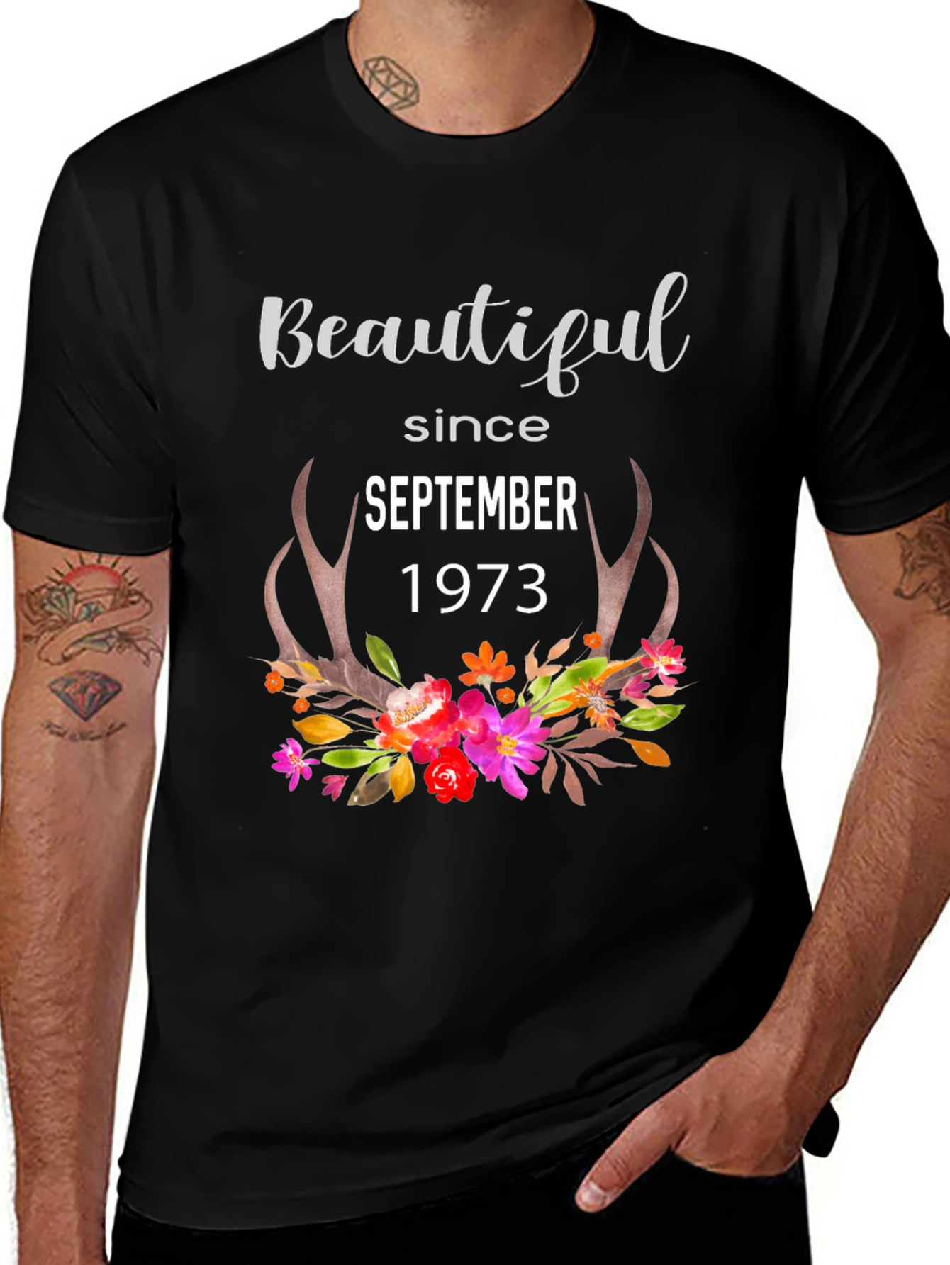 Beautiful Since September 1973 Floral Antler T-Shirt