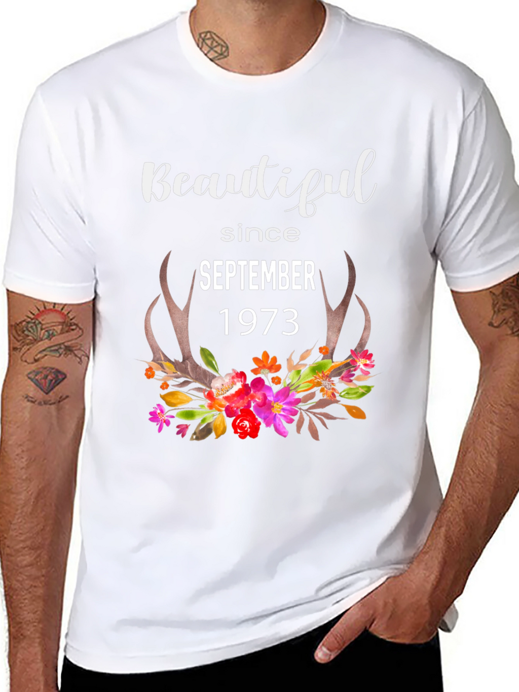 Beautiful Since September 1973 Floral Antler T-Shirt