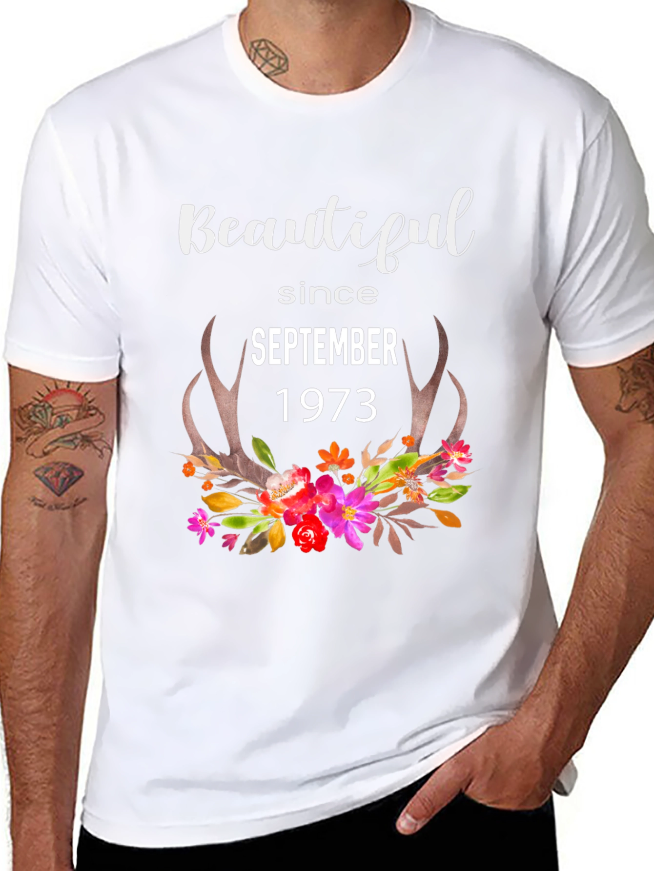 Beautiful Since September 1973 Floral Antler T-Shirt