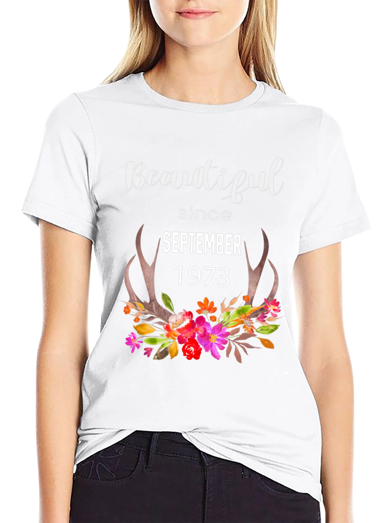 Beautiful Since September 1973 Floral Antler T-Shirt