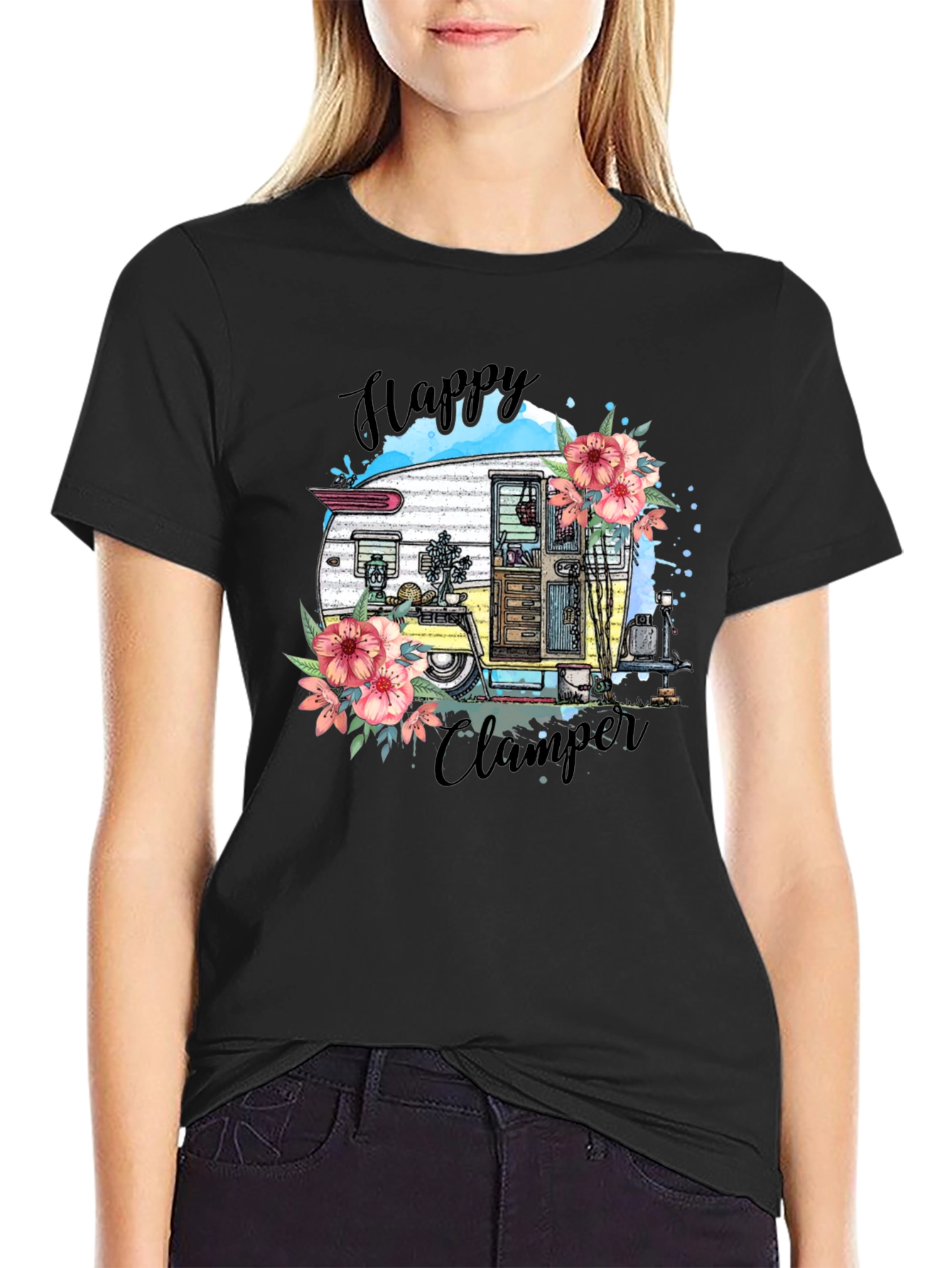 Happy Camper T-Shirt - Floral RV Graphic Tee
