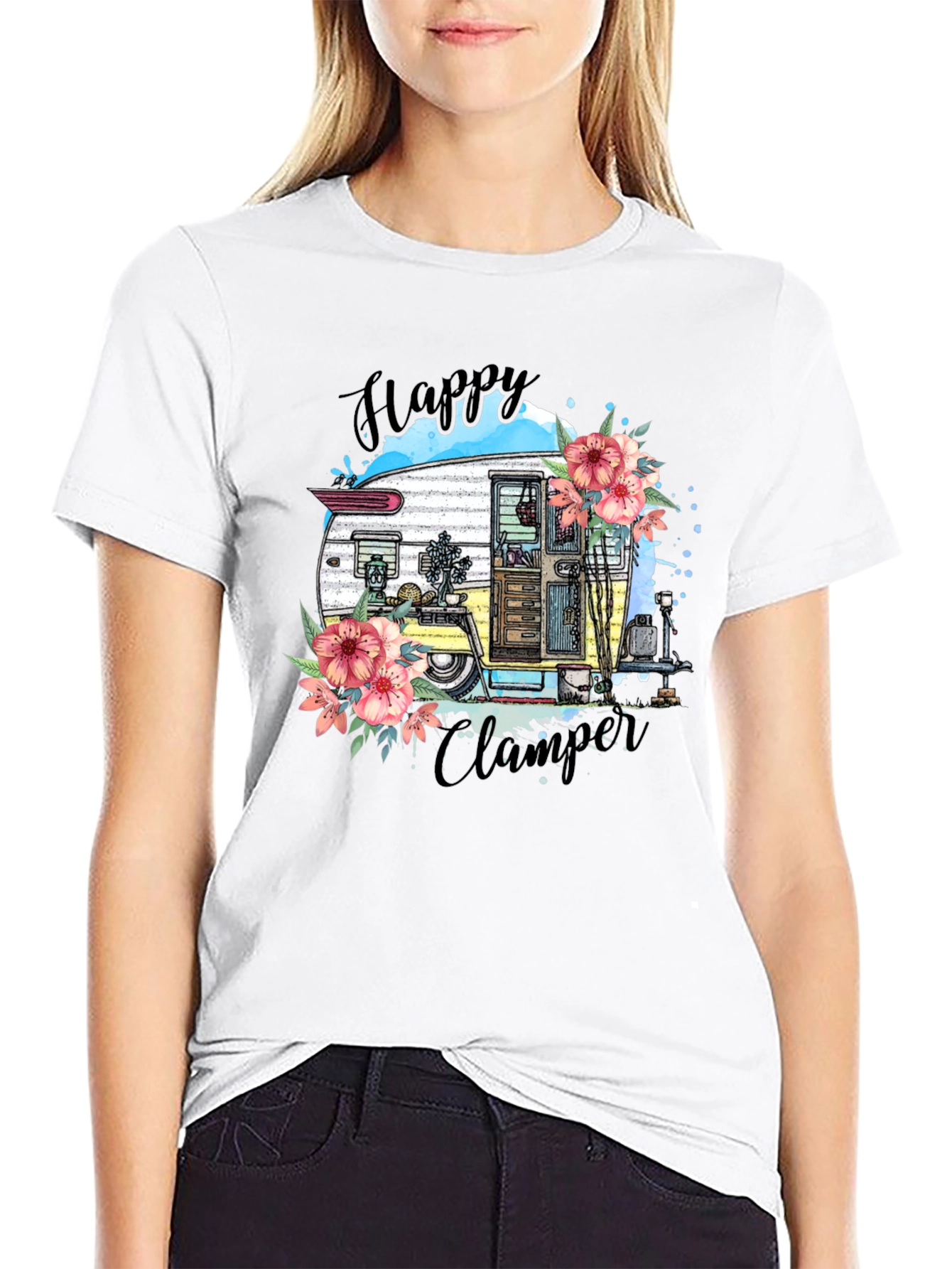 Happy Camper T-Shirt - Floral RV Graphic Tee