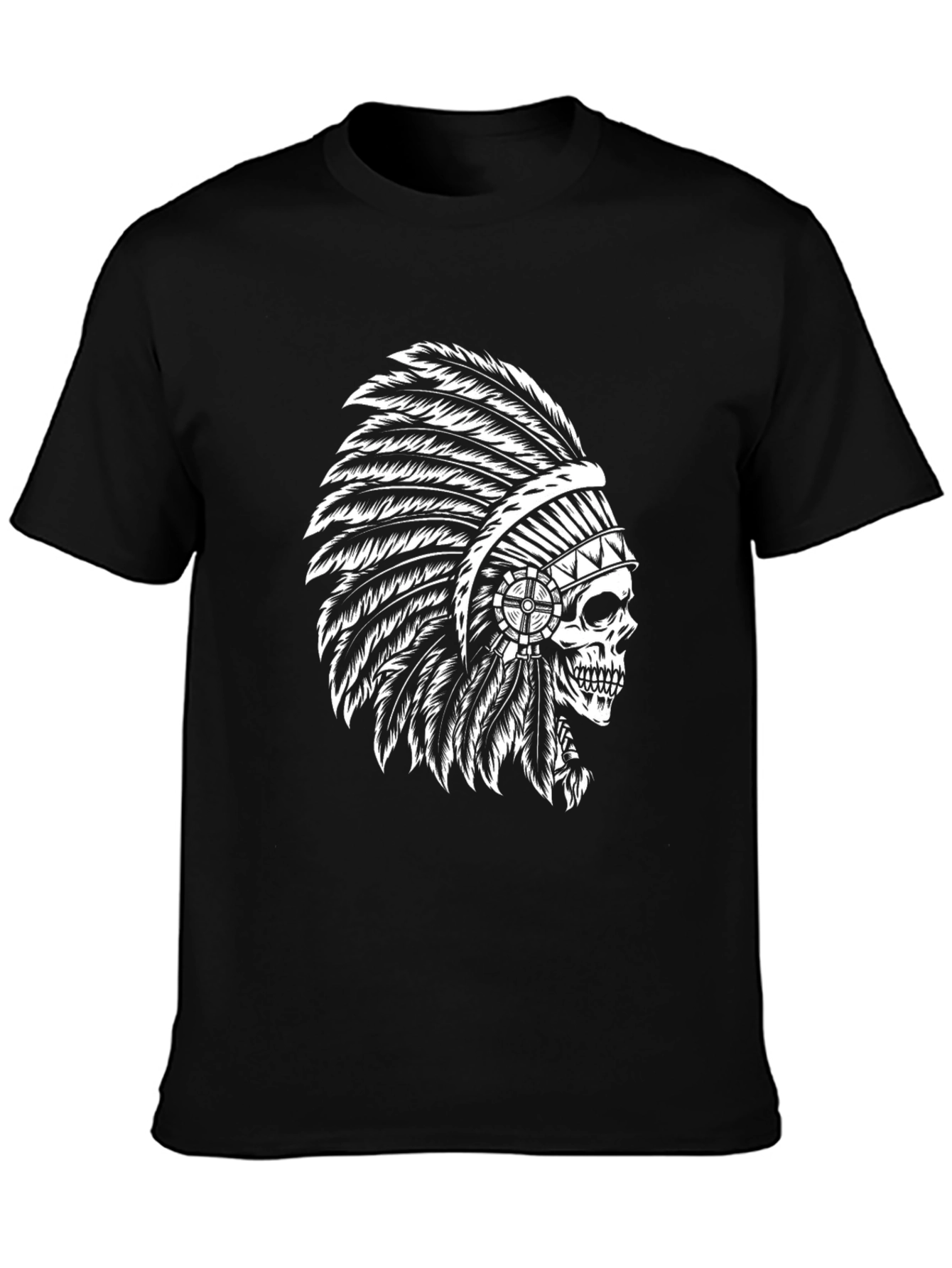 Black T-Shirt with Skull Chief Headdress Design