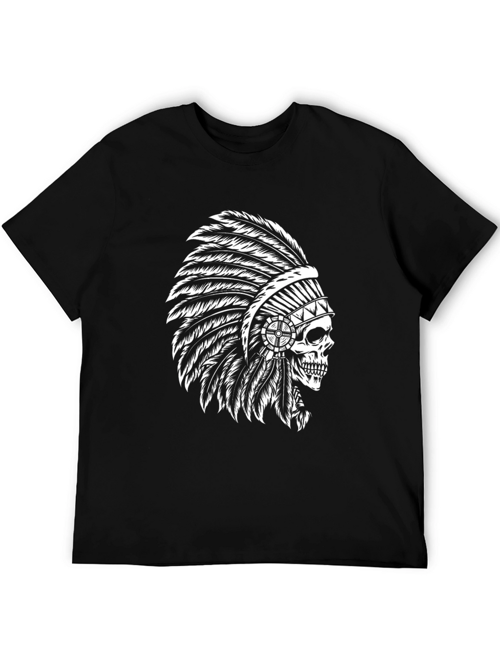 Black T-Shirt with Skull Chief Headdress Design