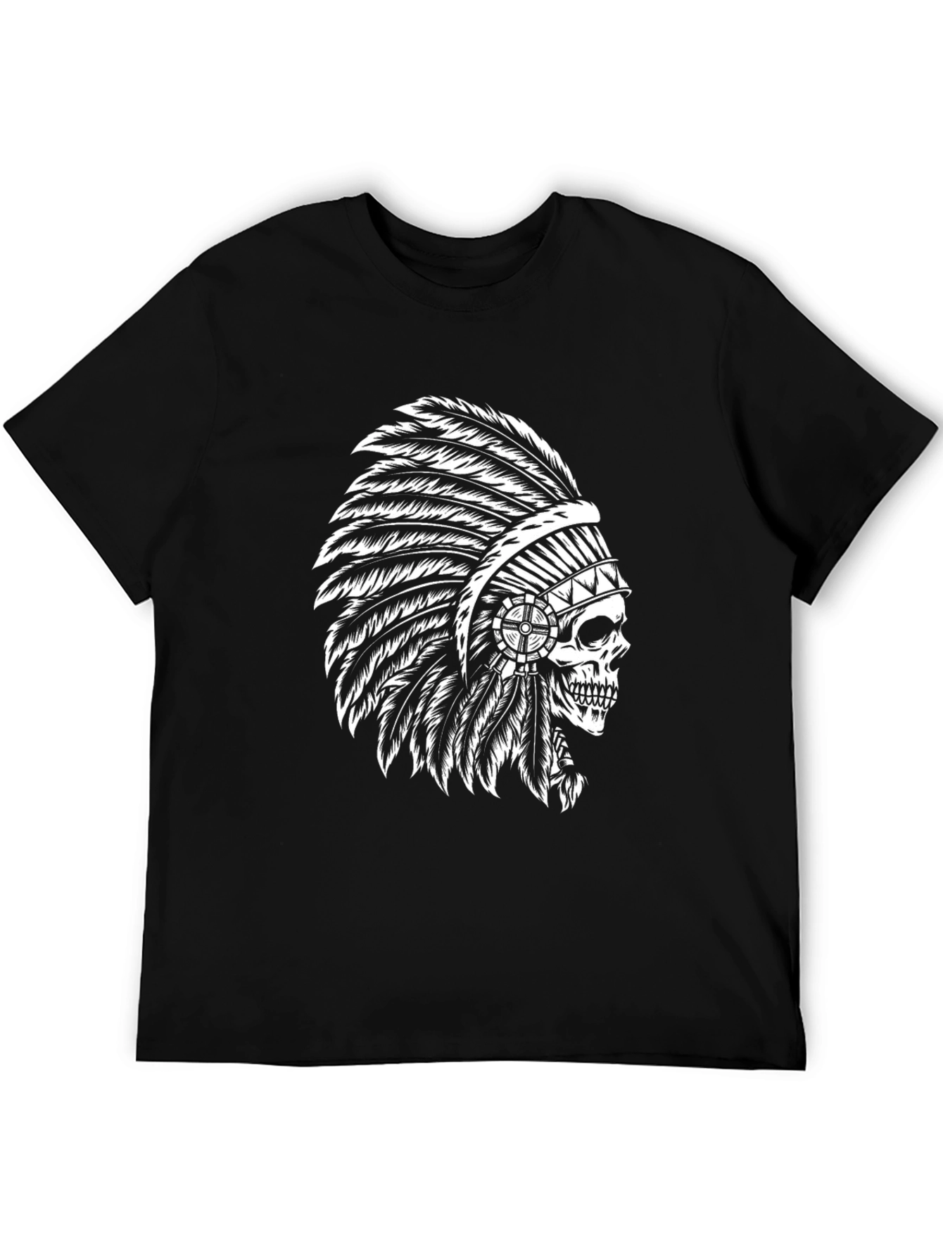 Black T-Shirt with Skull Chief Headdress Design
