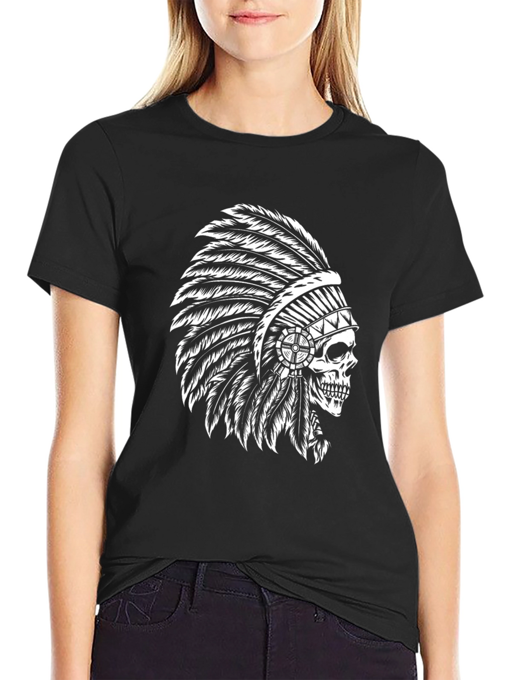 Black T-Shirt with Skull Chief Headdress Design