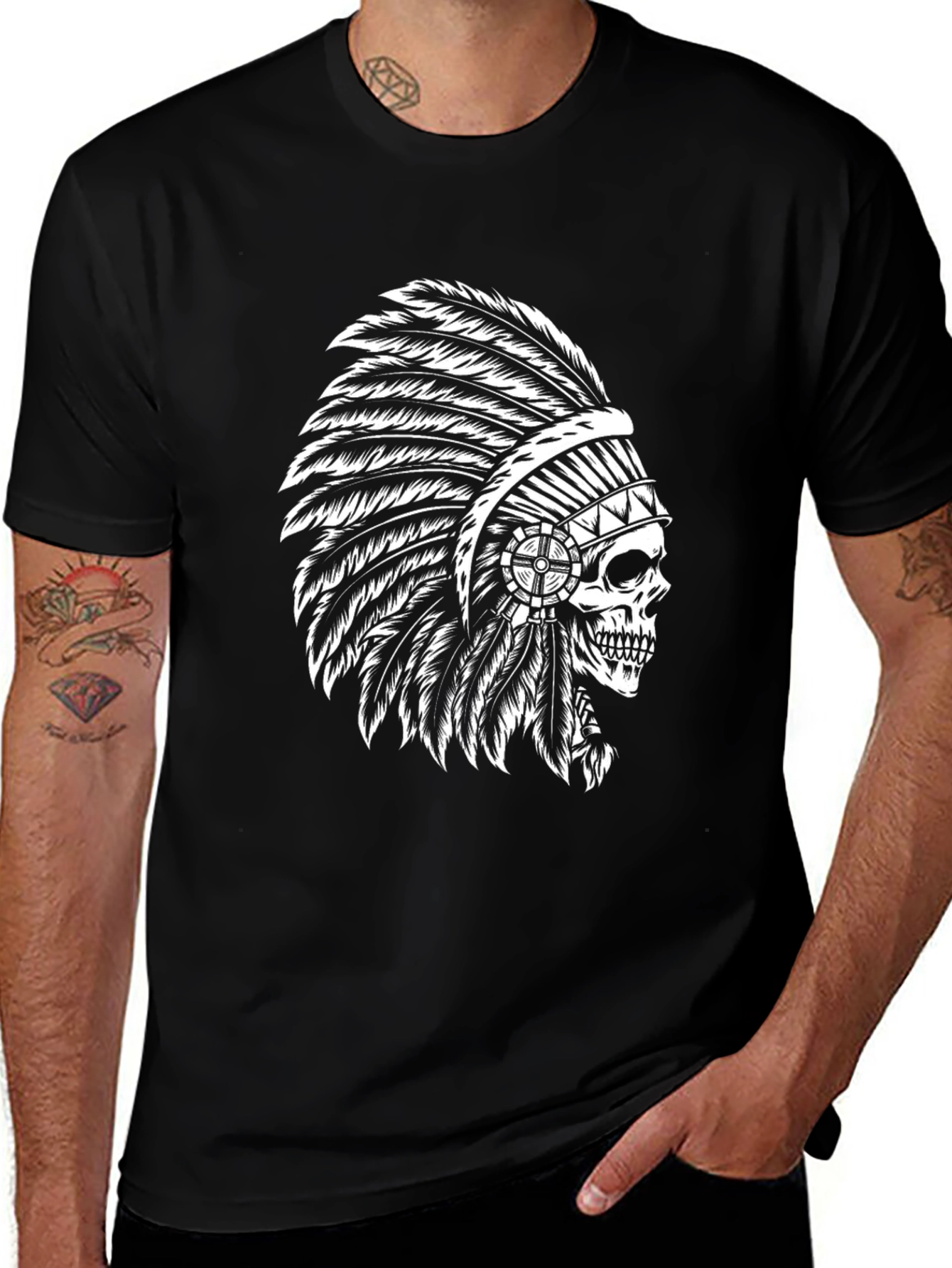 Black T-Shirt with Skull Chief Headdress Design