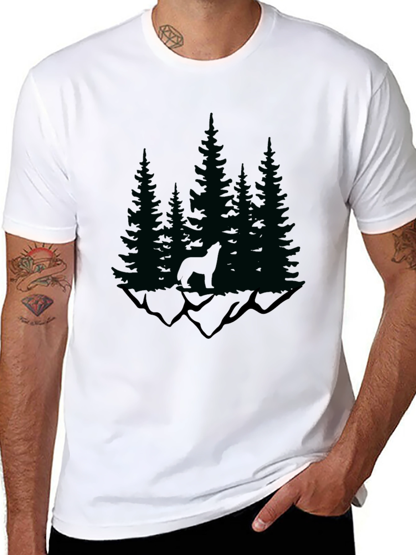 Nature Wolf Graphic Tee - Black Cotton Blend T-Shirt