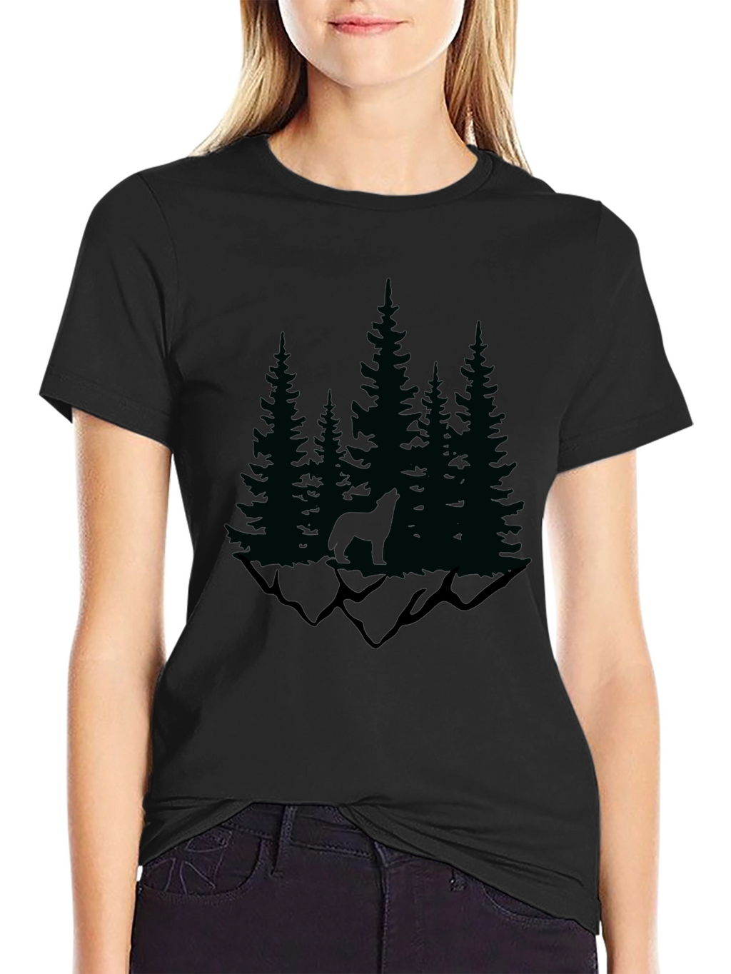 Nature Wolf Graphic Tee - Black Cotton Blend T-Shirt
