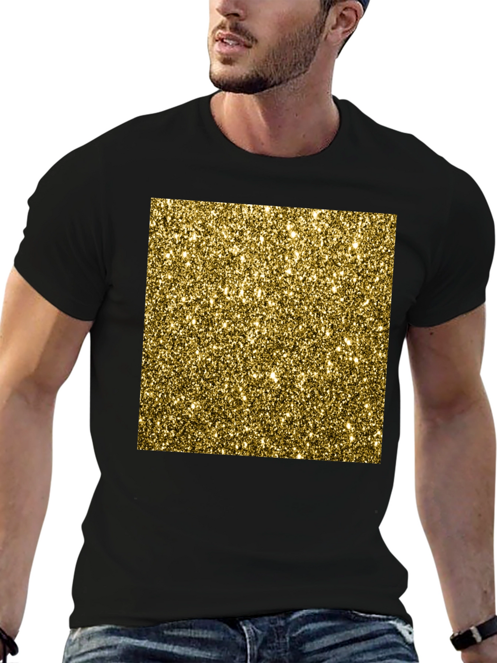 Gold Glitter Print Black T-Shirt