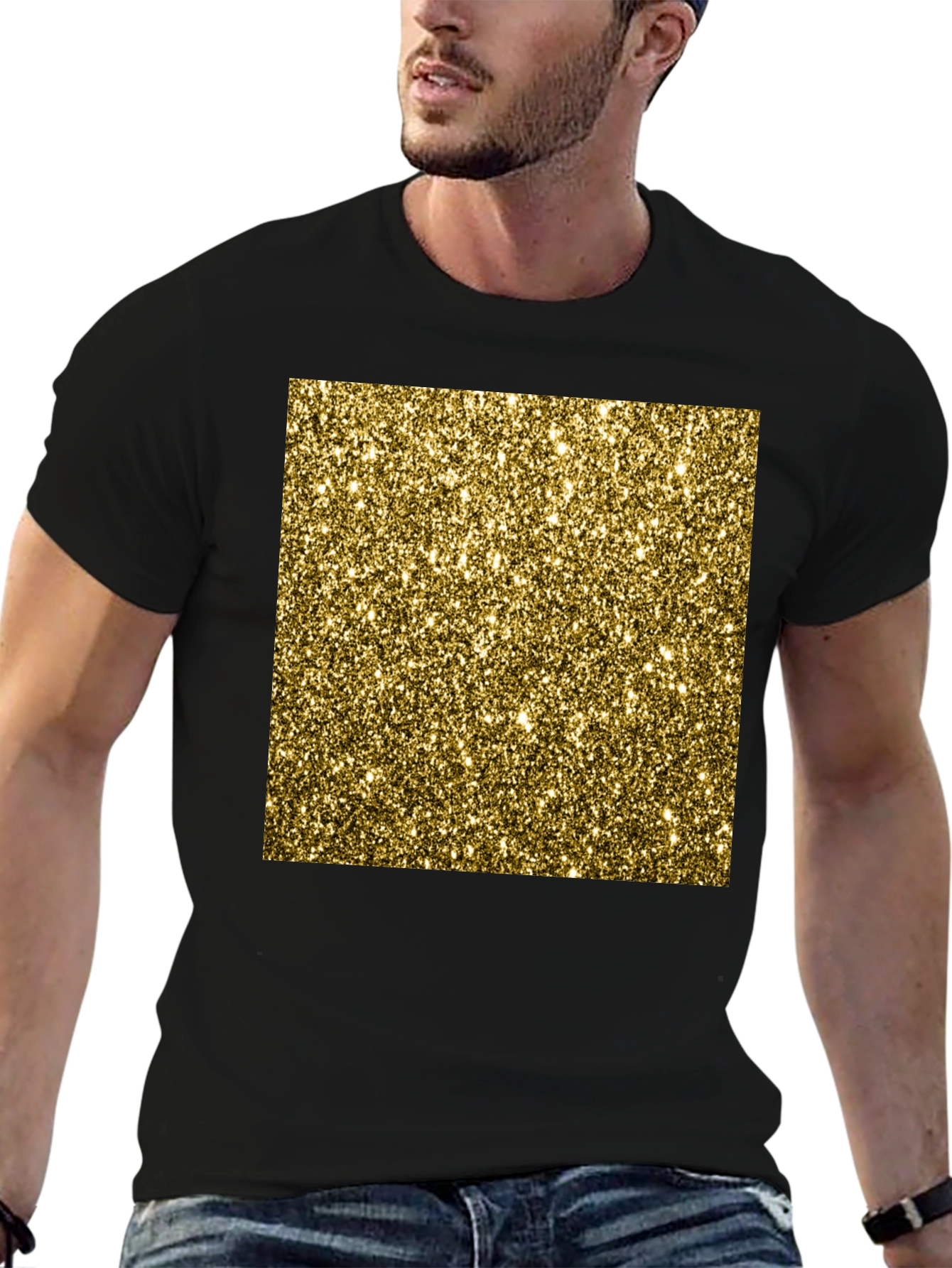 Gold Glitter Print Black T-Shirt