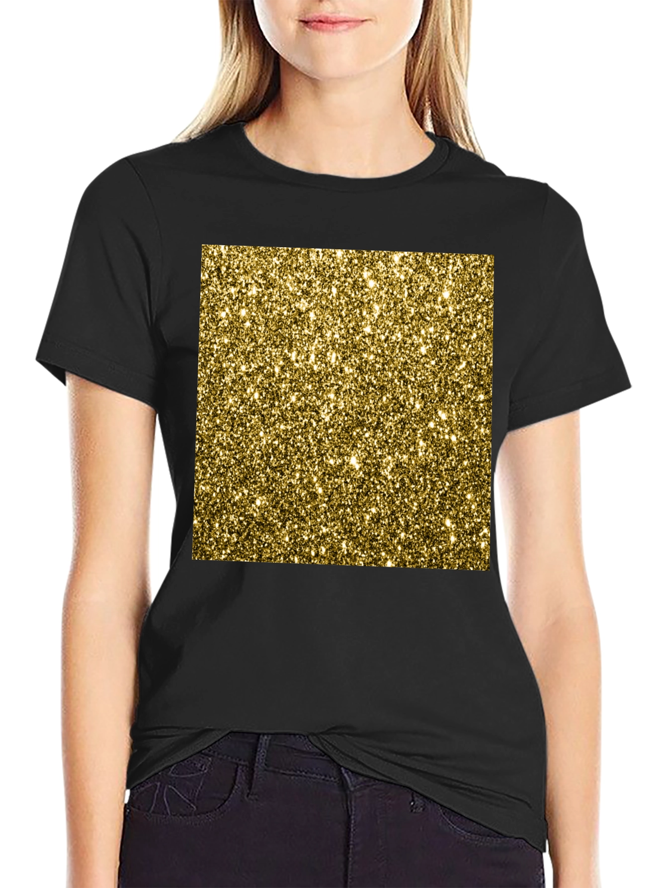 Gold Glitter Print Black T-Shirt