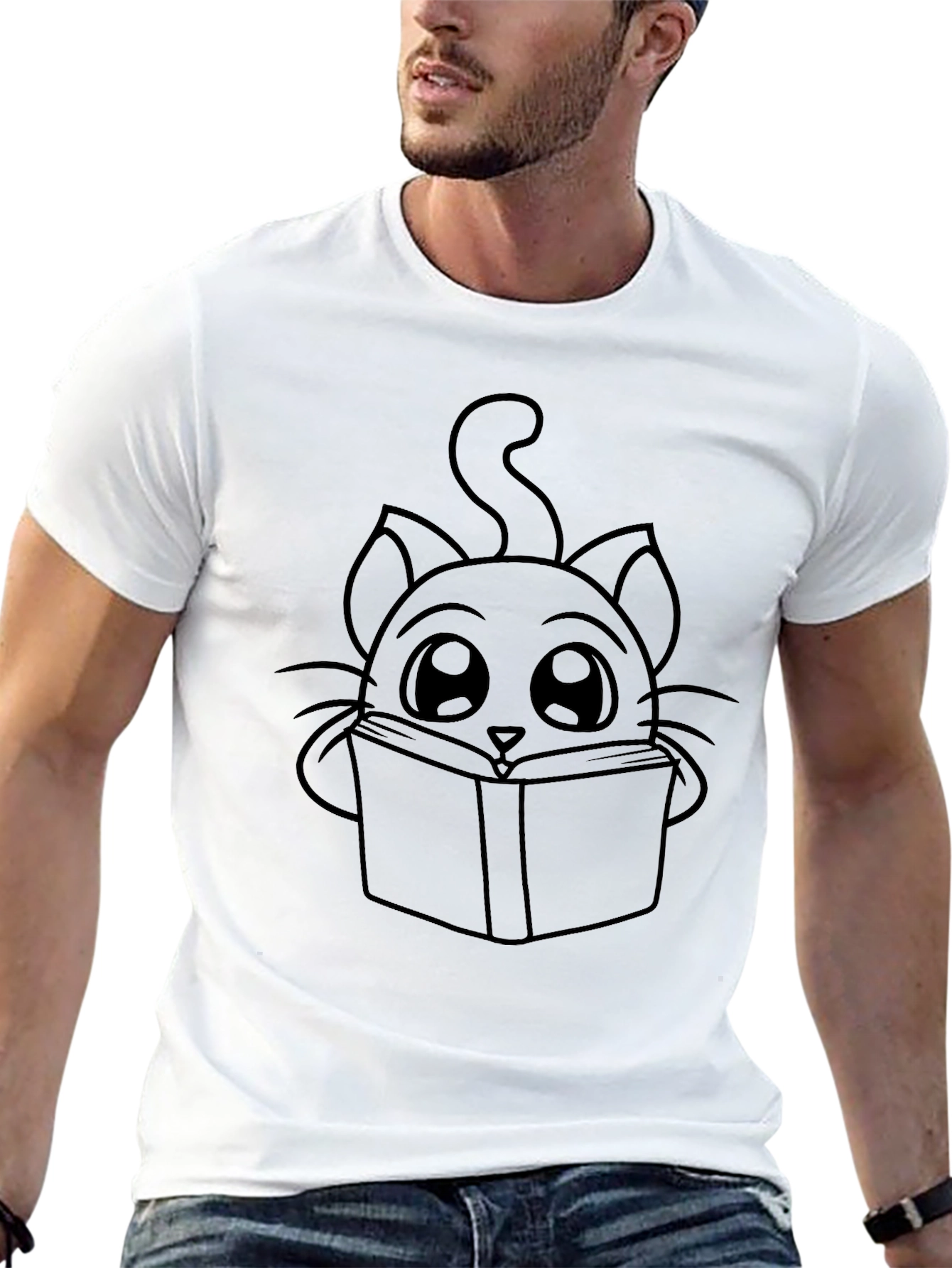 Cute Cat Reading Book T-Shirt - Black