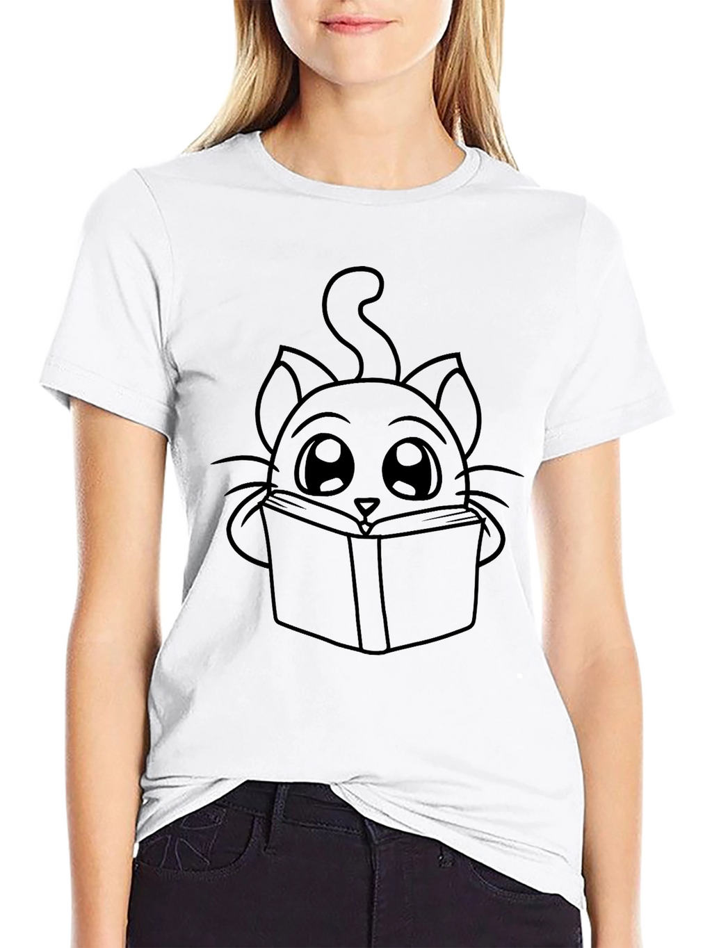 Cute Cat Reading Book T-Shirt - Black