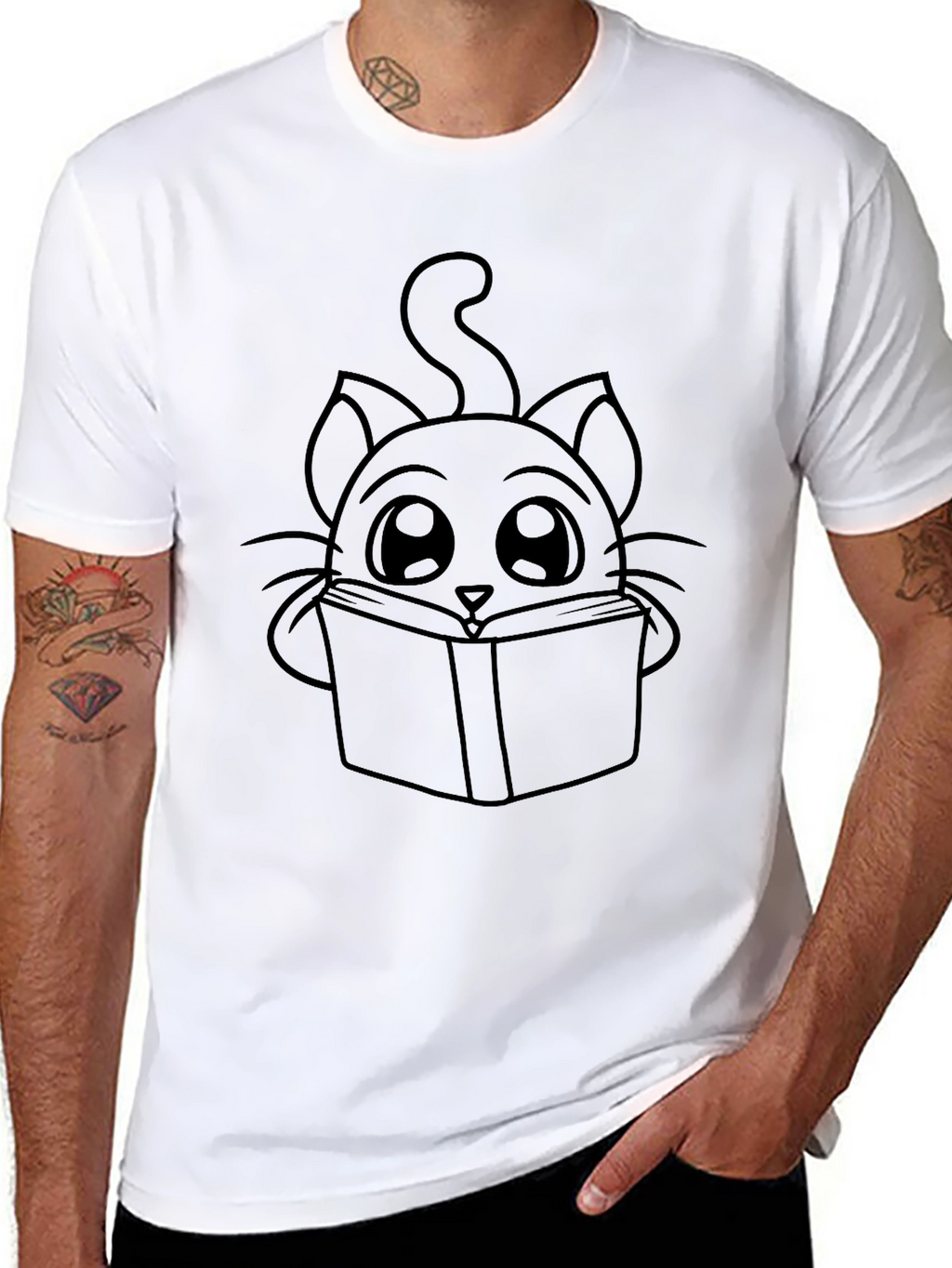 Cute Cat Reading Book T-Shirt - Black