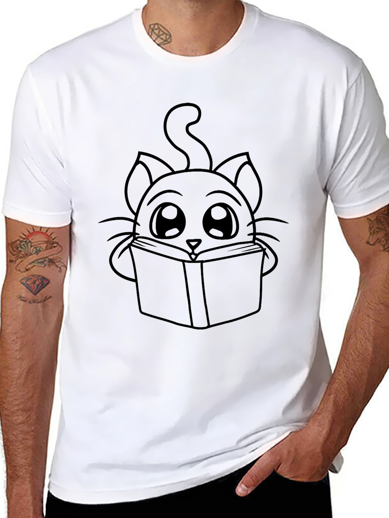 Cute Cat Reading Book T-Shirt - Black