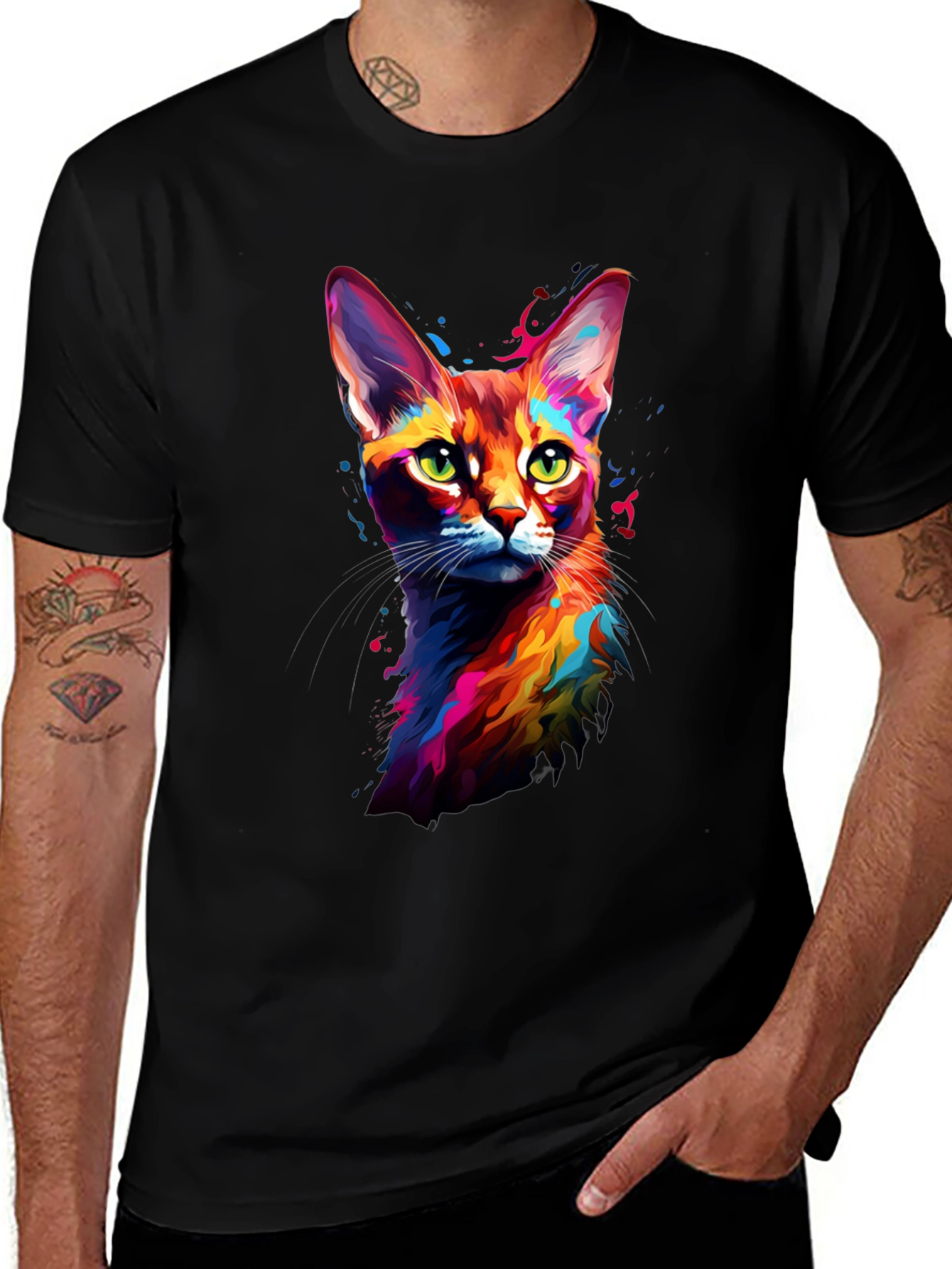 Vibrant Cat Art Black T-Shirt