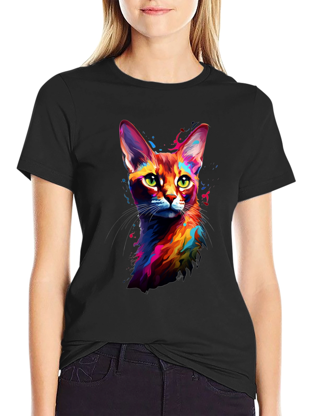 Vibrant Cat Art Black T-Shirt