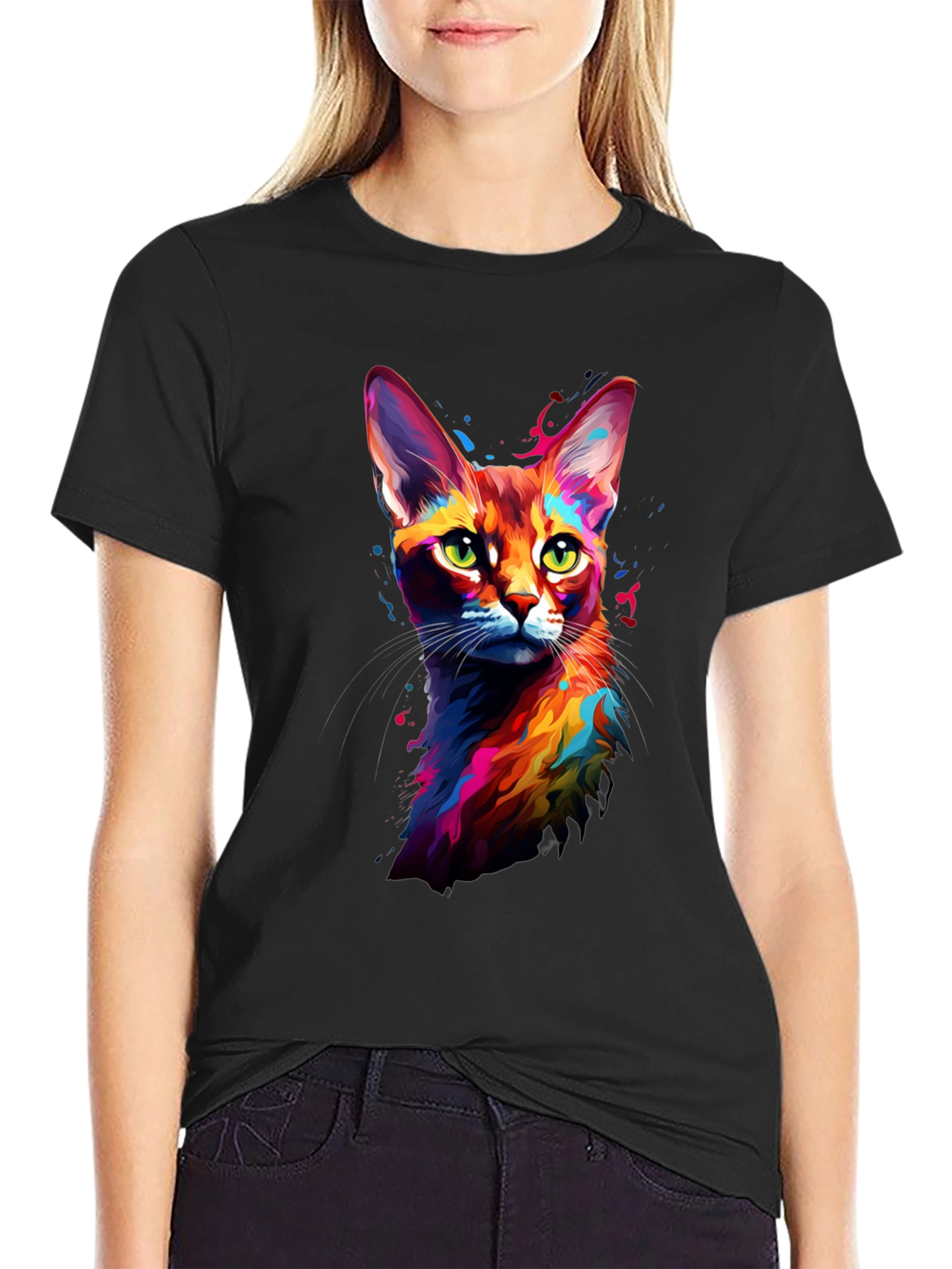 Vibrant Cat Art Black T-Shirt