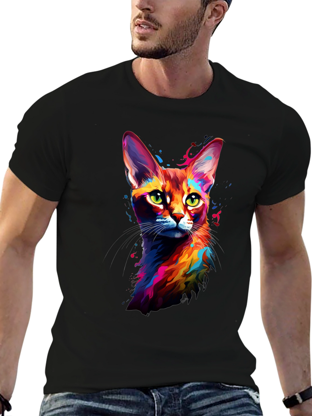 Vibrant Cat Art Black T-Shirt