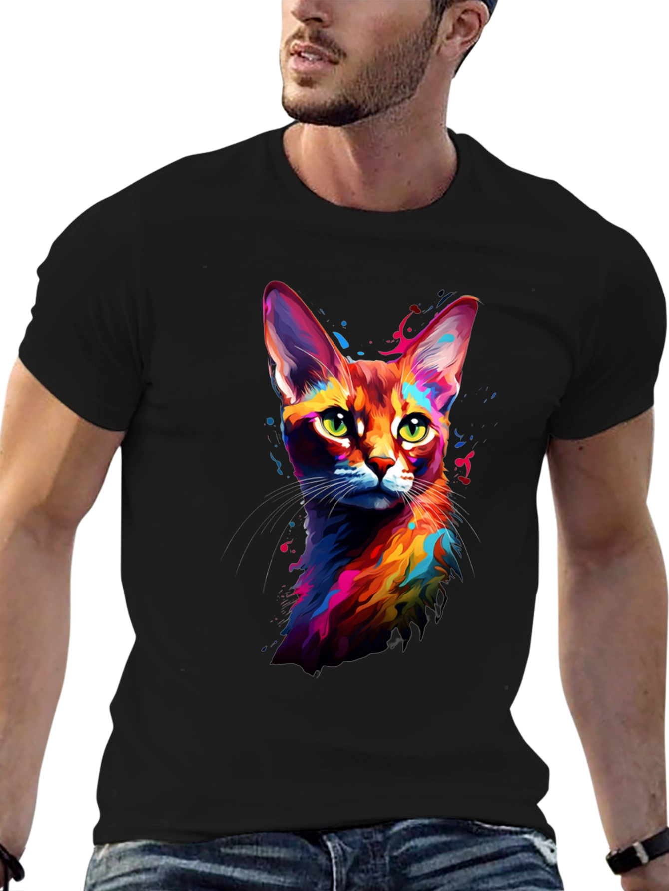 Vibrant Cat Art Black T-Shirt