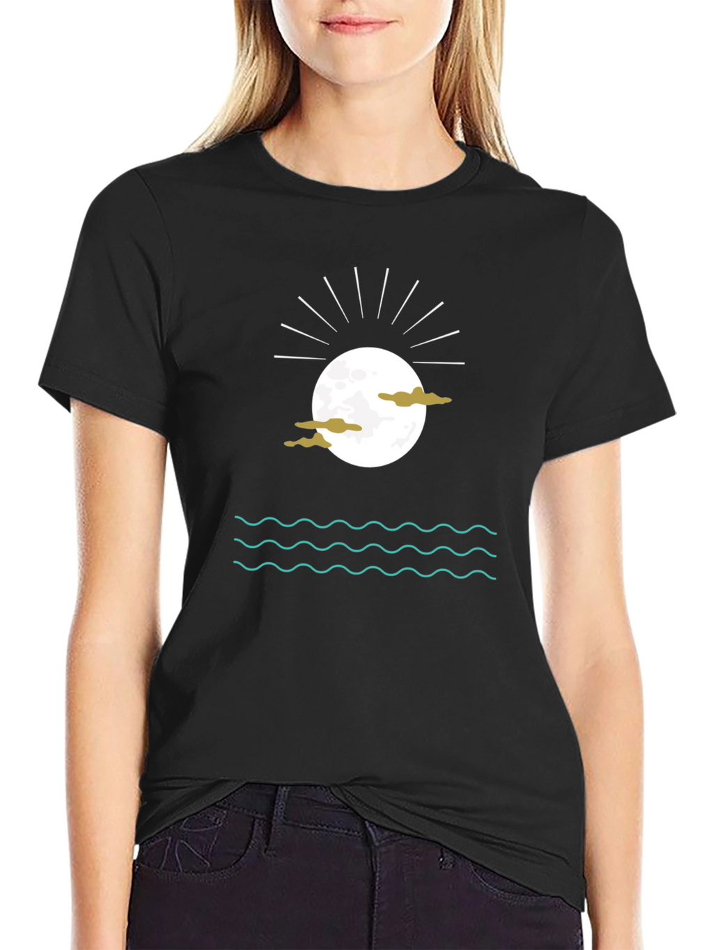 Black Graphic Tee with Moon Clouds and Water