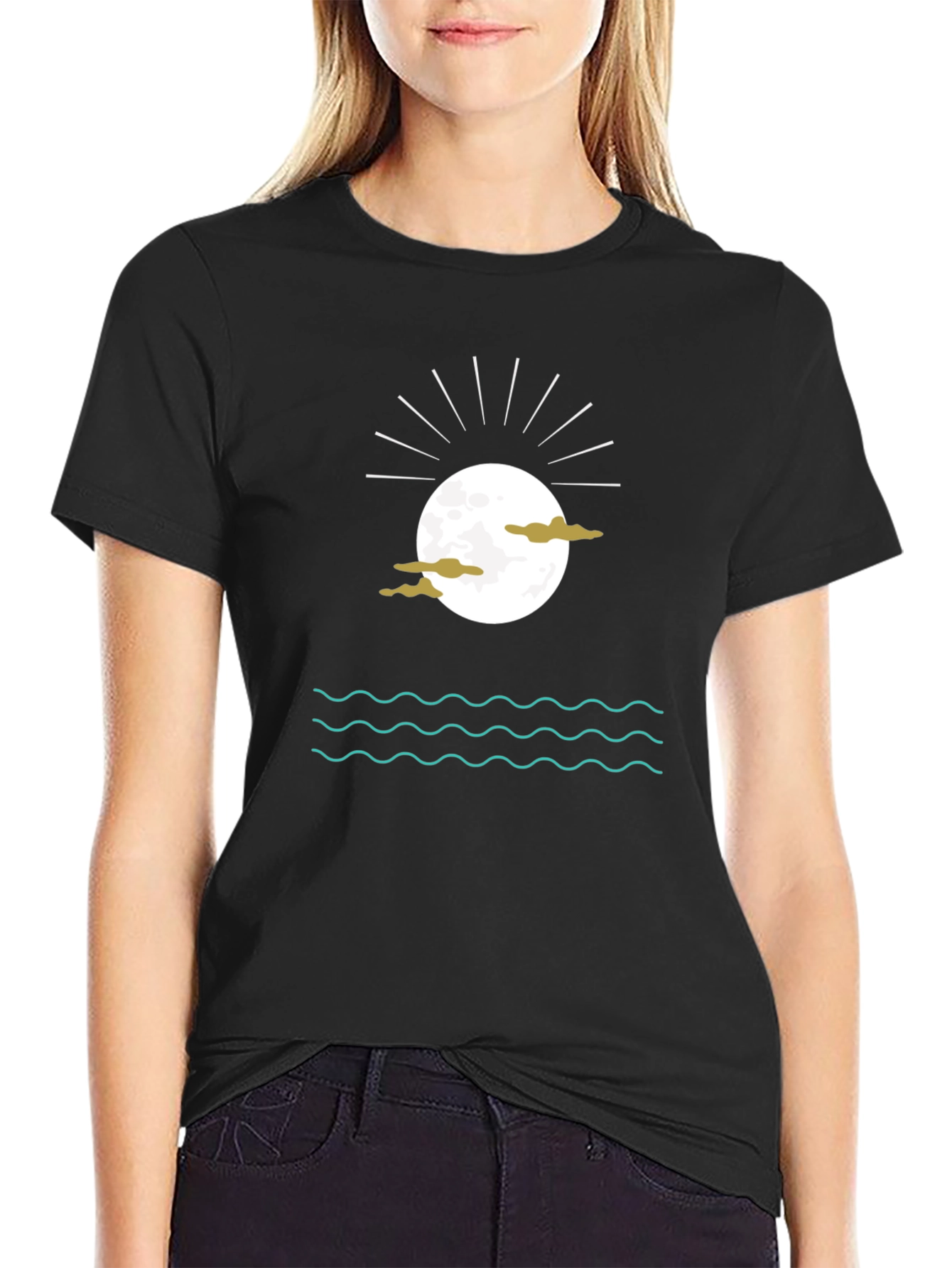 Black Graphic Tee with Moon Clouds and Water