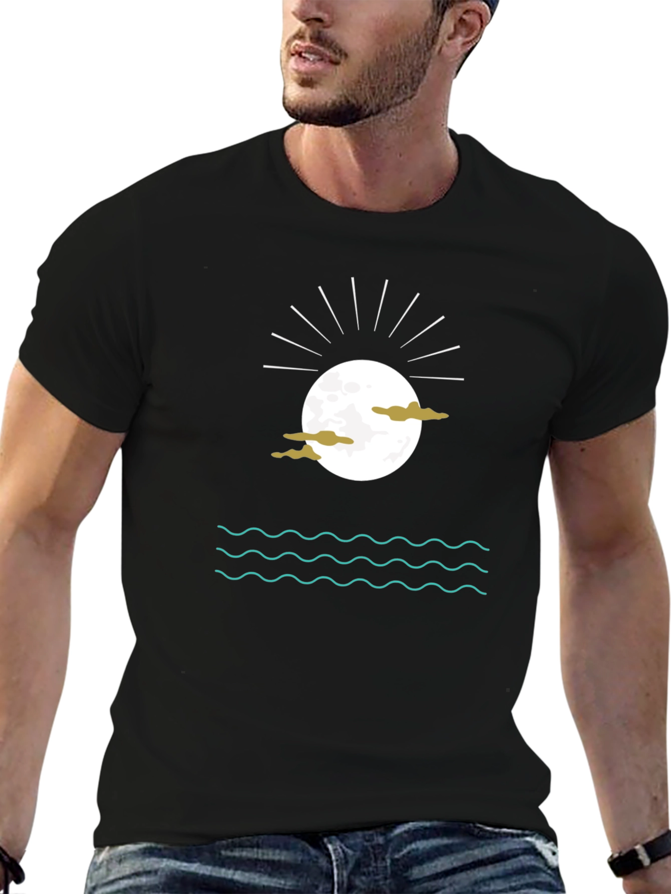 Black Graphic Tee with Moon Clouds and Water
