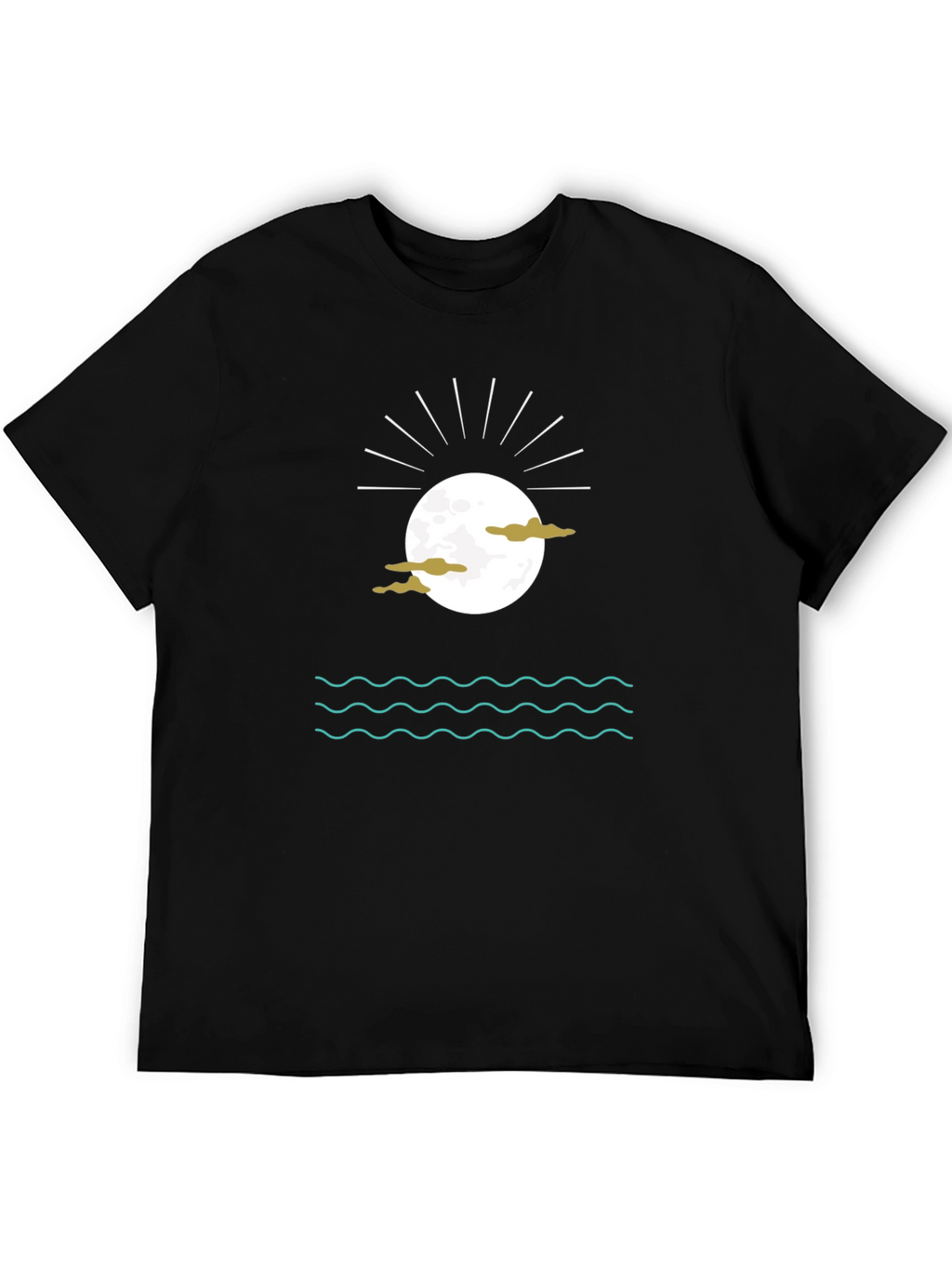 Black Graphic Tee with Moon Clouds and Water