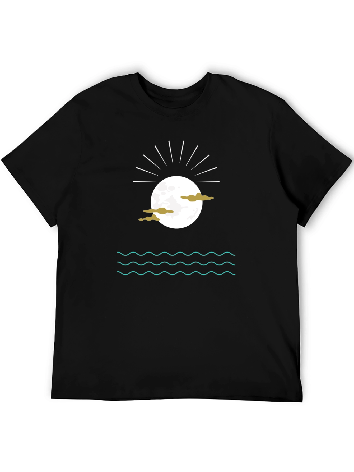 Black Graphic Tee with Moon Clouds and Water