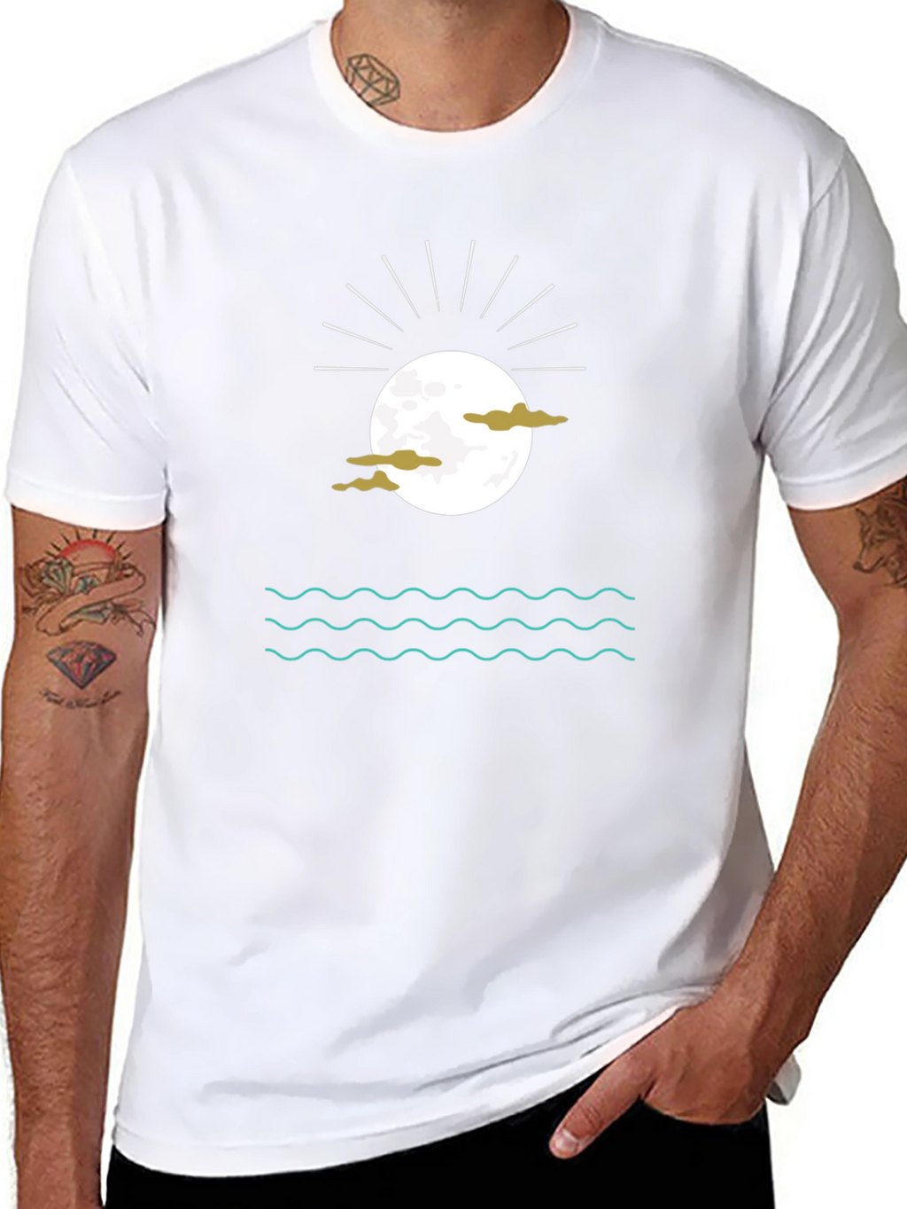 Black Graphic Tee with Moon Clouds and Water
