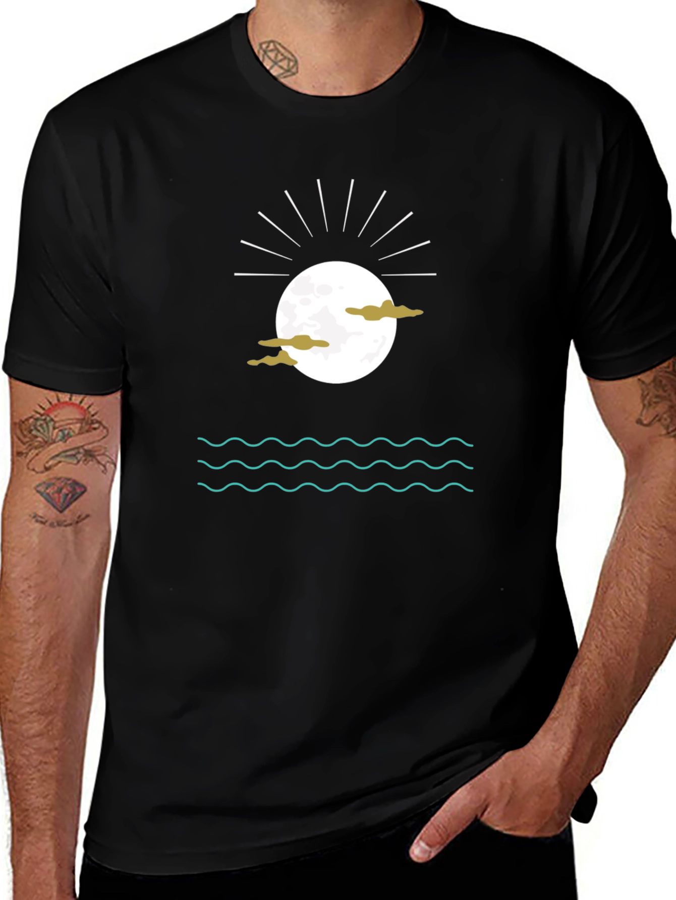 Black Graphic Tee with Moon Clouds and Water