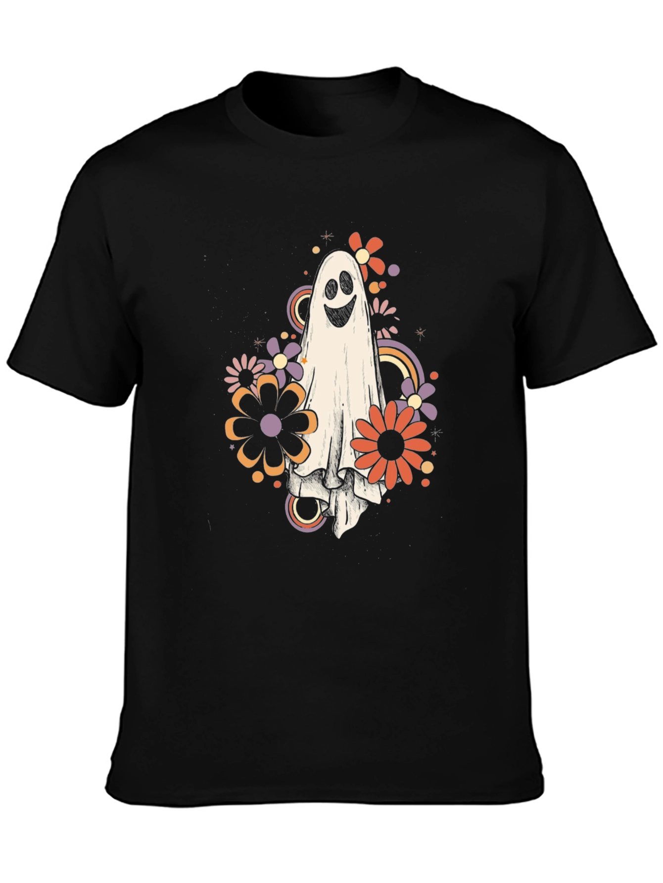Retro Ghost Floral Graphic Tee - Halloween Vibes