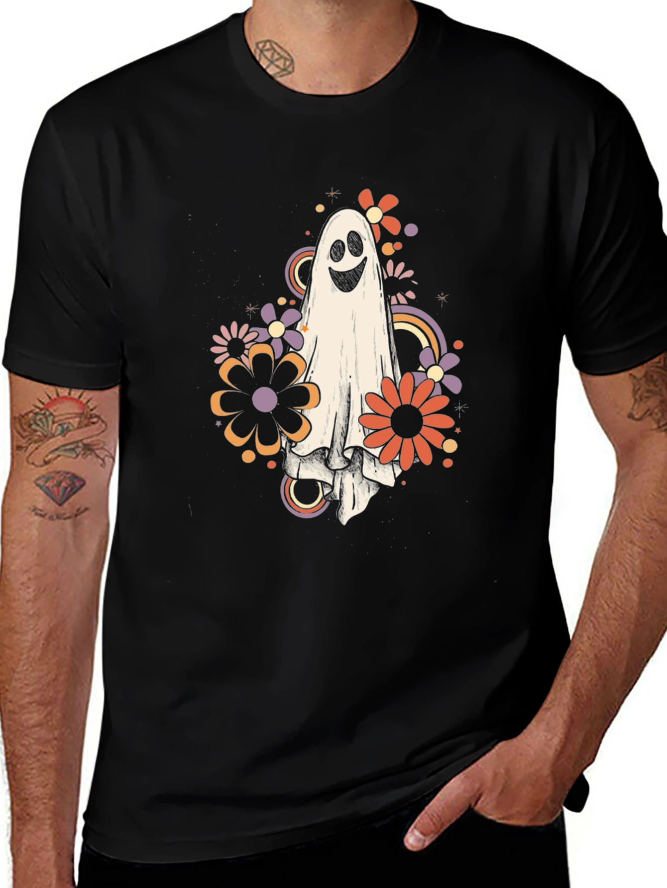 Retro Ghost Floral Graphic Tee - Halloween Vibes