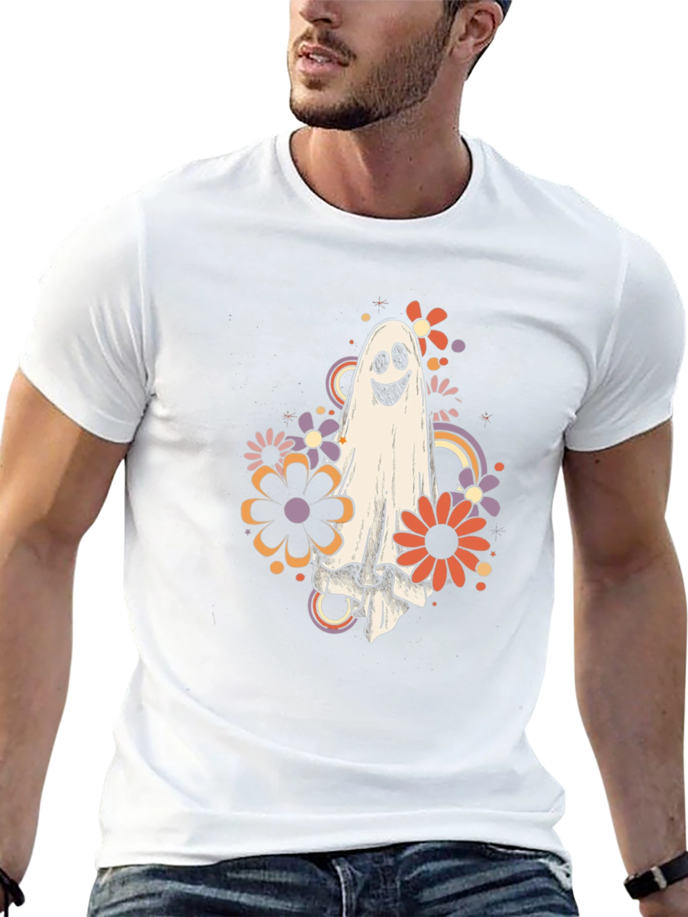 Retro Ghost Floral Graphic Tee - Halloween Vibes