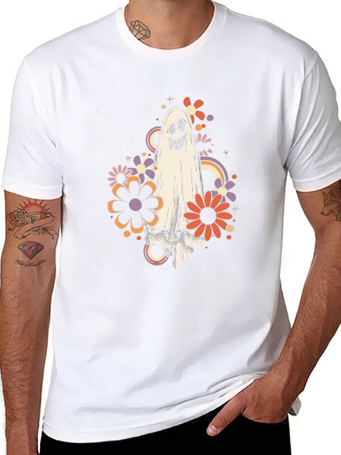 Retro Ghost Floral Graphic Tee - Halloween Vibes