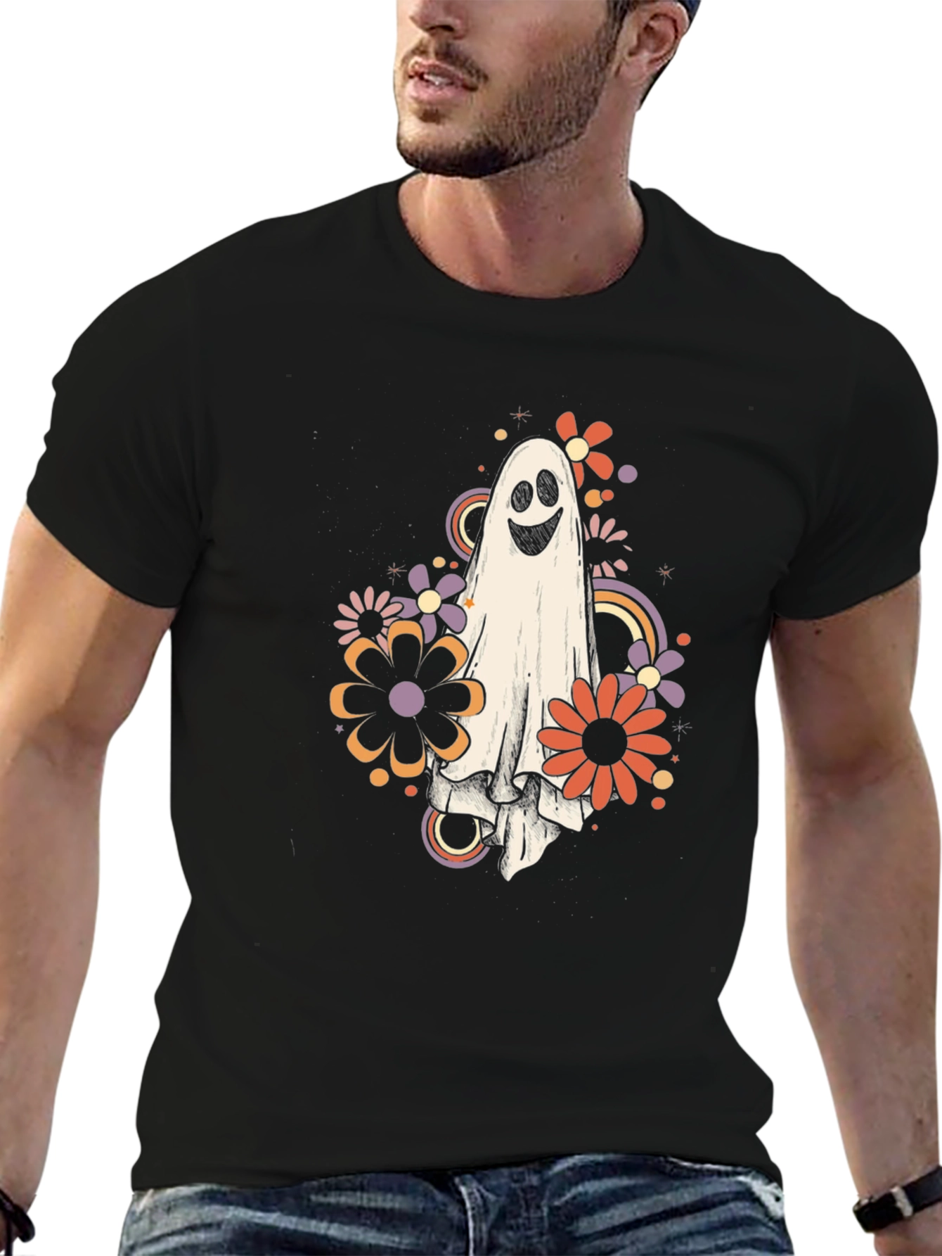 Retro Ghost Floral Graphic Tee - Halloween Vibes