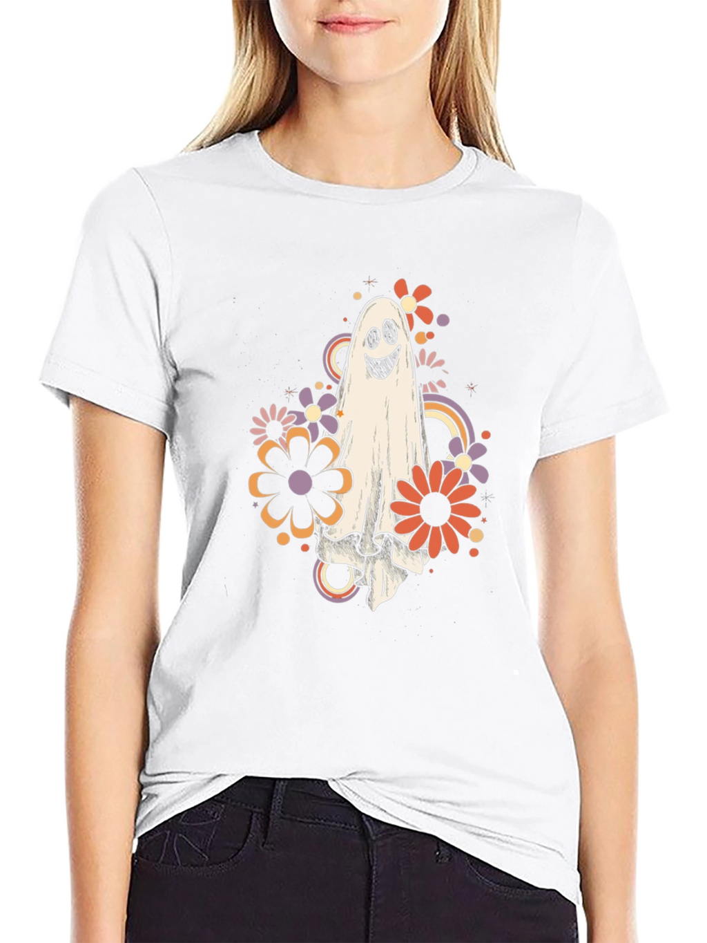 Retro Ghost Floral Graphic Tee - Halloween Vibes
