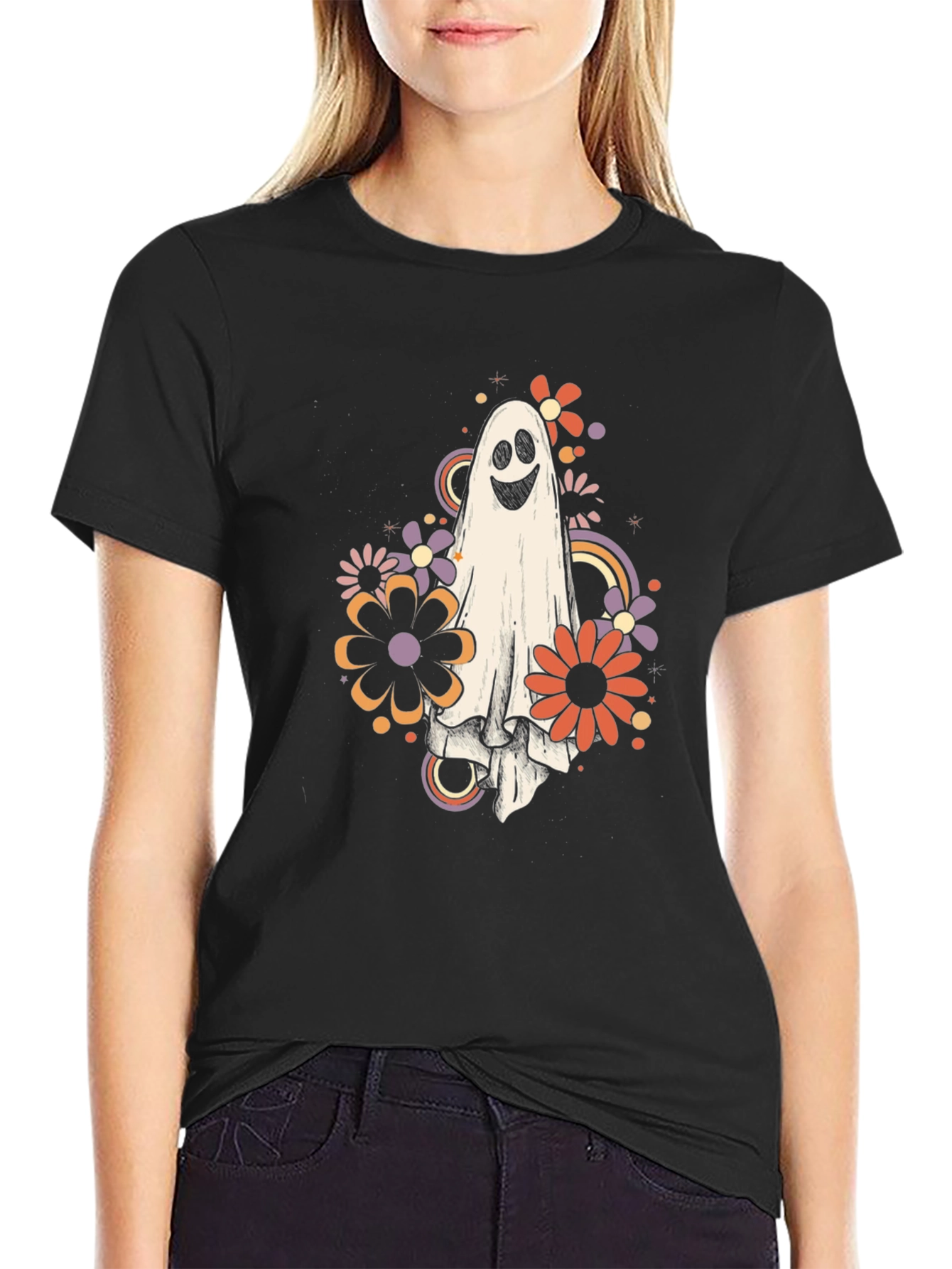 Retro Ghost Floral Graphic Tee - Halloween Vibes