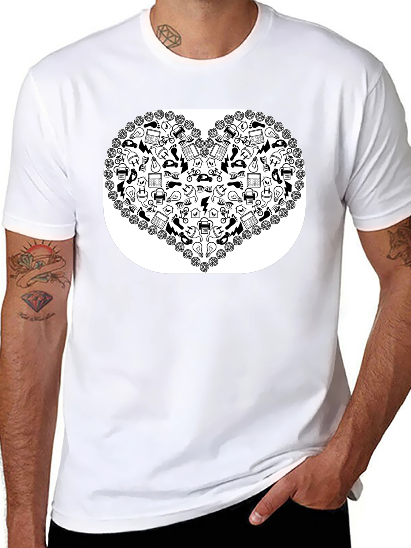 Heart Icon Pattern Black T-Shirt