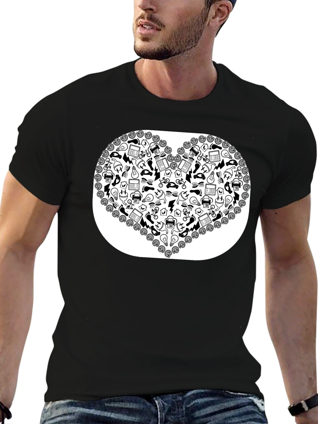 Heart Icon Pattern Black T-Shirt