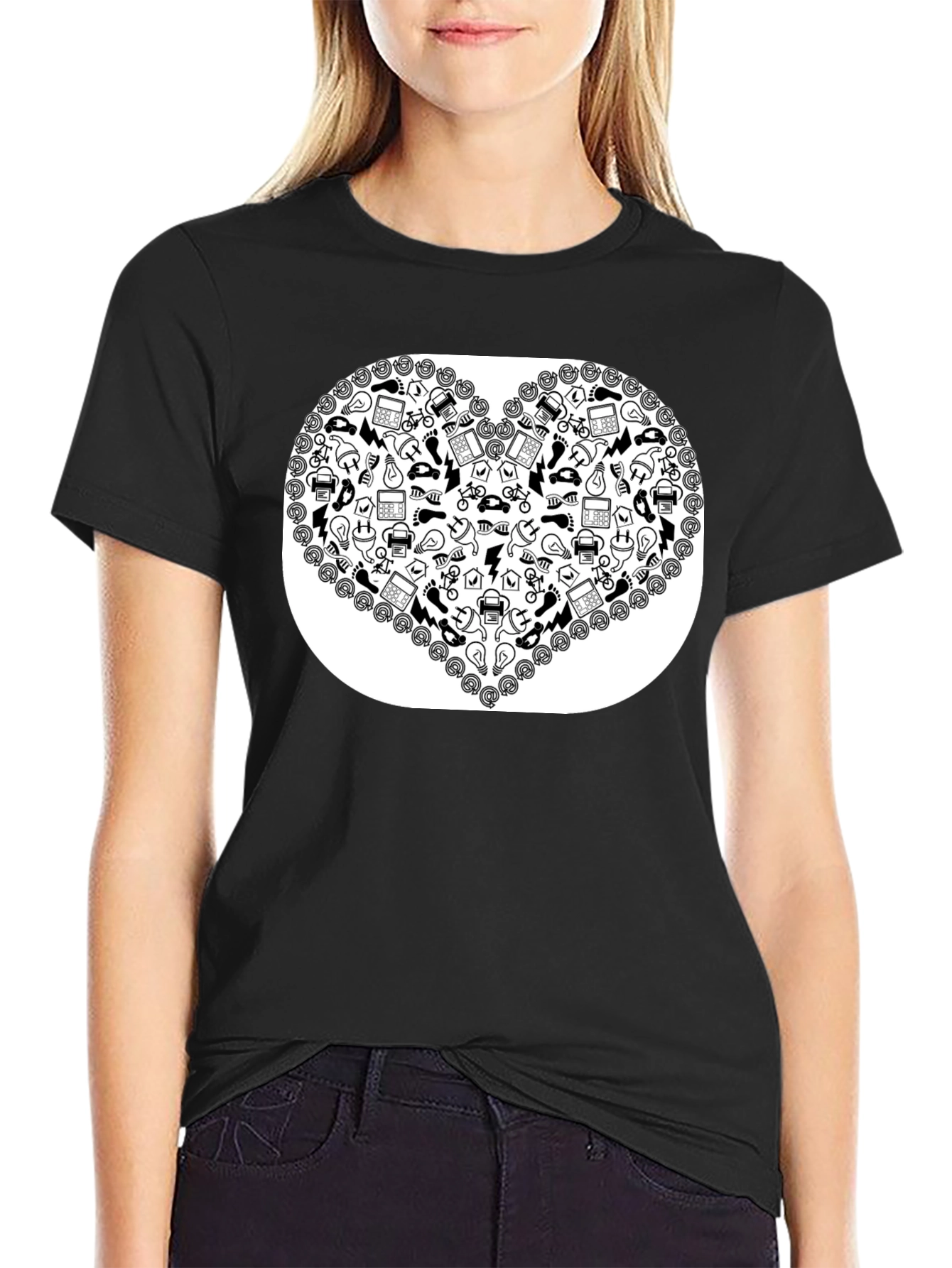 Heart Icon Pattern Black T-Shirt