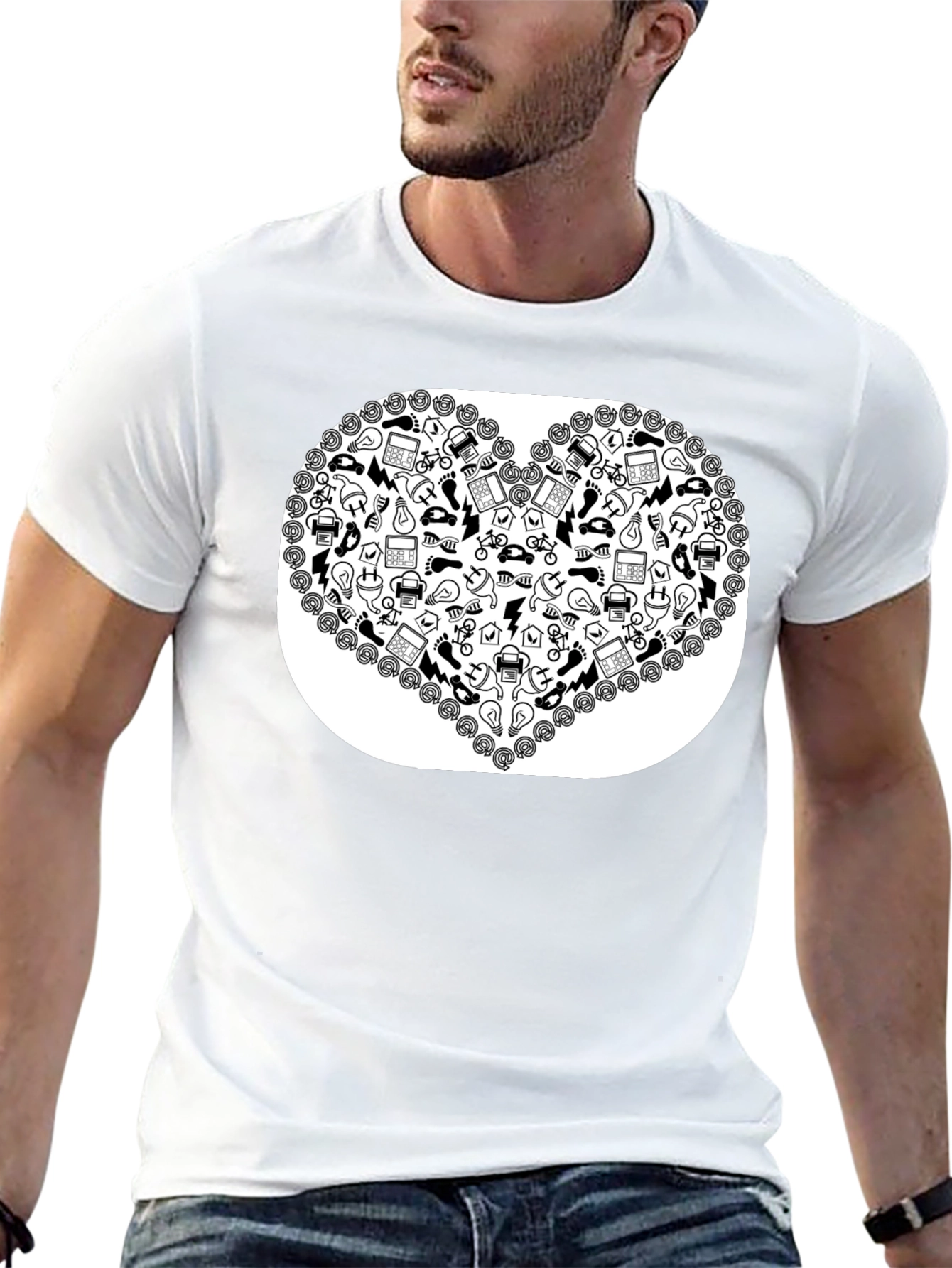 Heart Icon Pattern Black T-Shirt