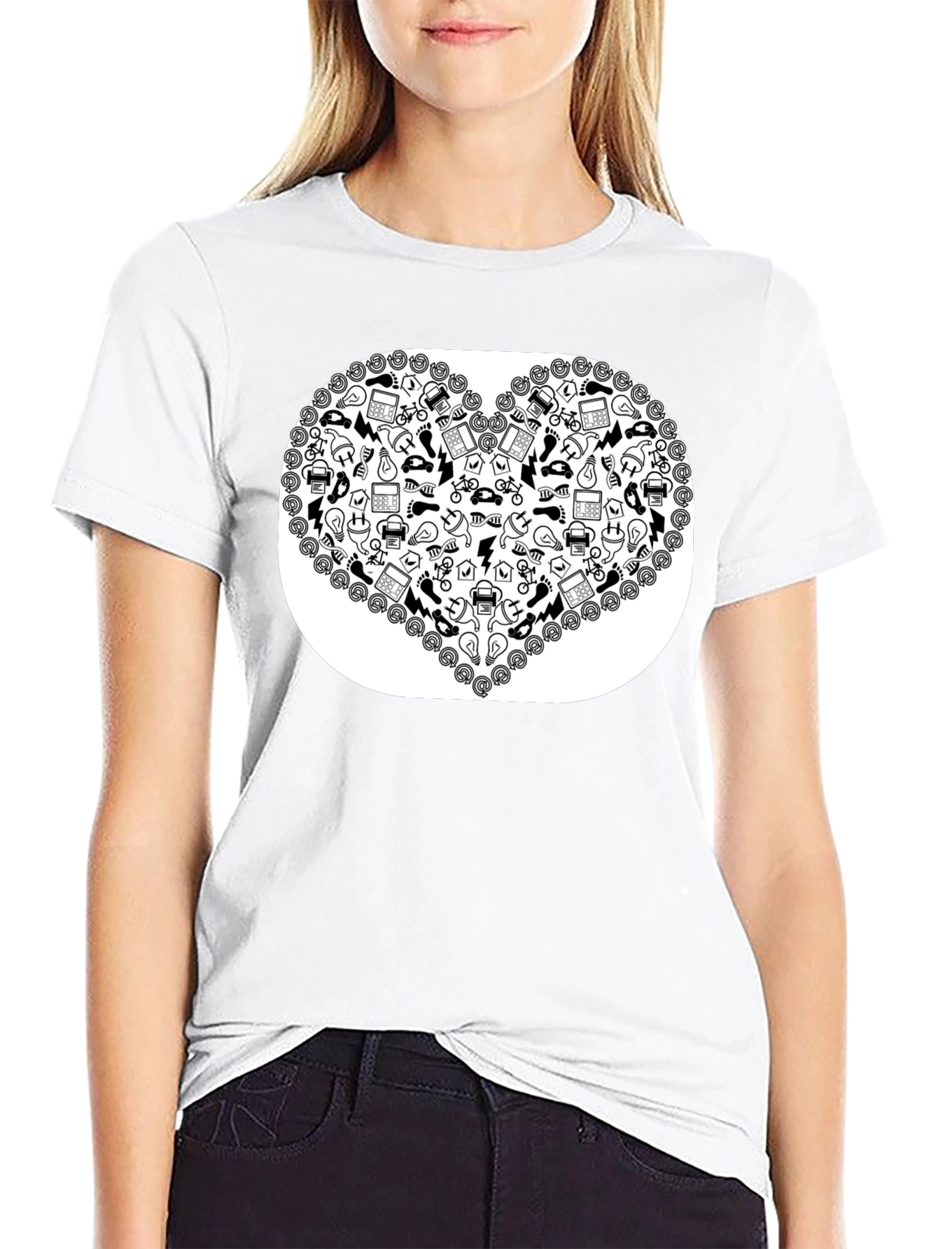 Heart Icon Pattern Black T-Shirt