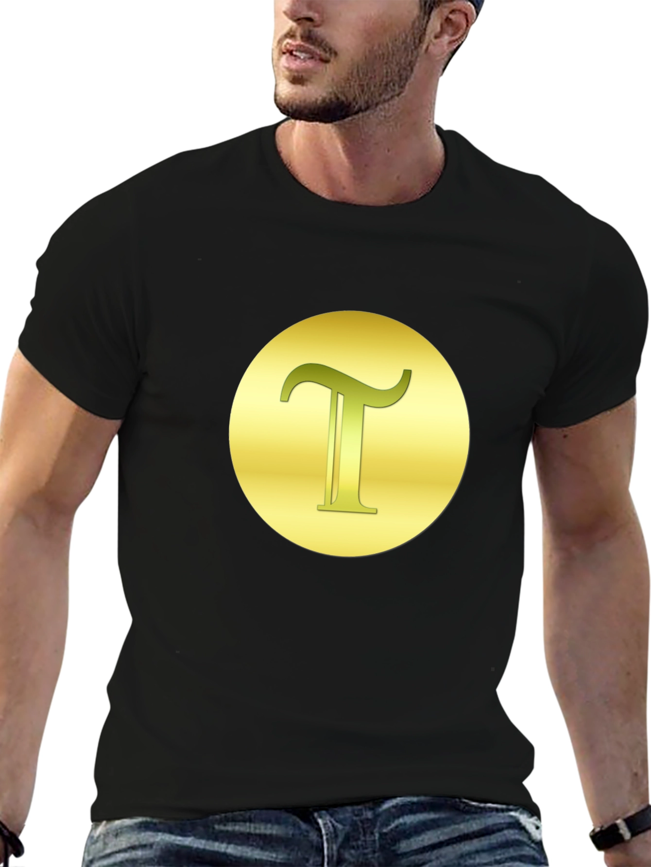 Letter T Graphic Tee - Gold on Black