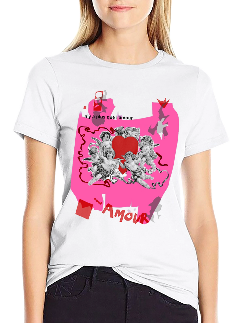 Unique Graphic Print T-Shirt with Angels and Love Theme