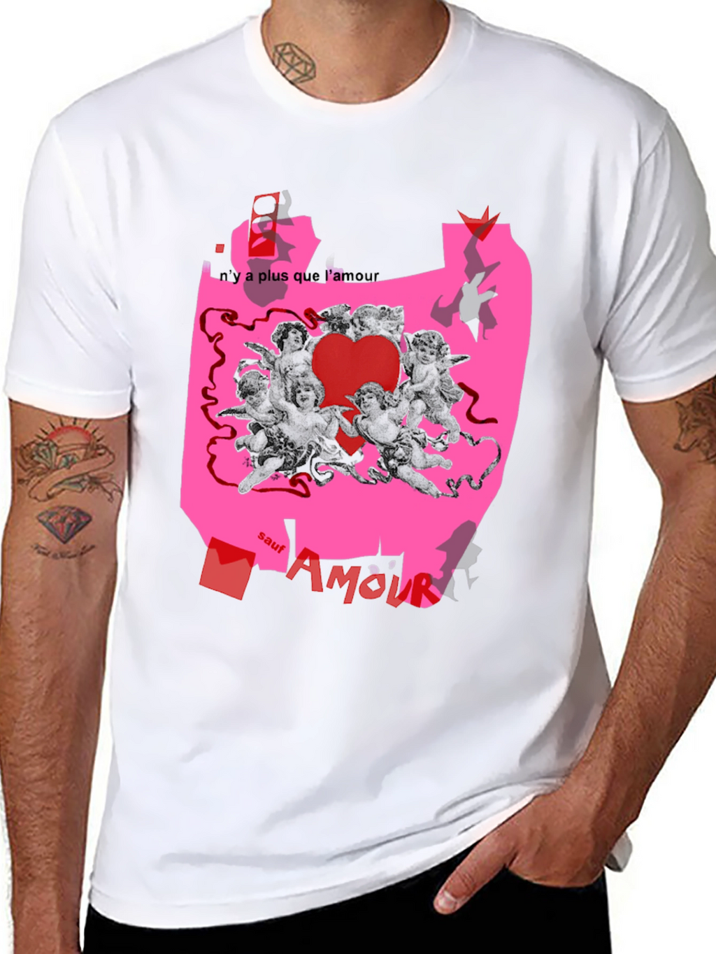 Unique Graphic Print T-Shirt with Angels and Love Theme