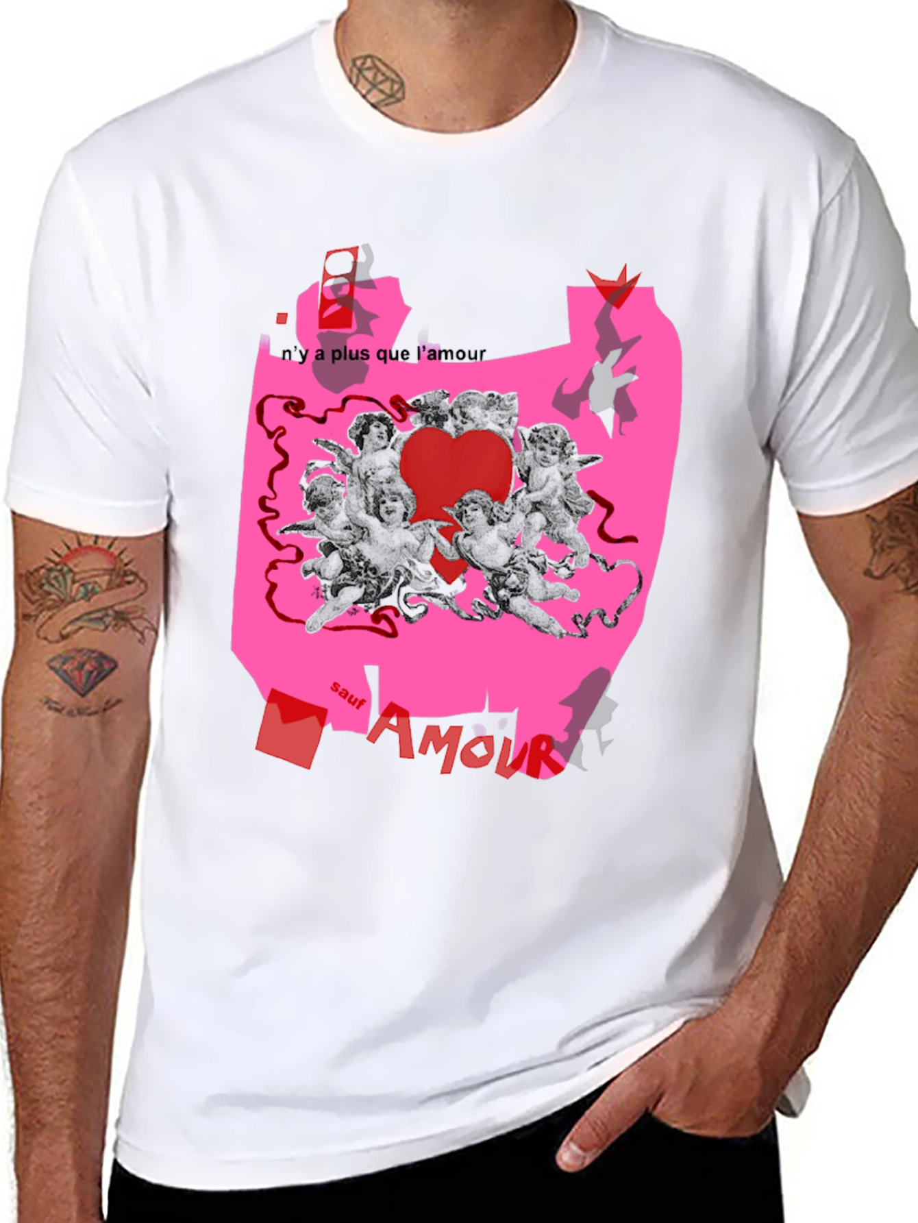 Unique Graphic Print T-Shirt with Angels and Love Theme